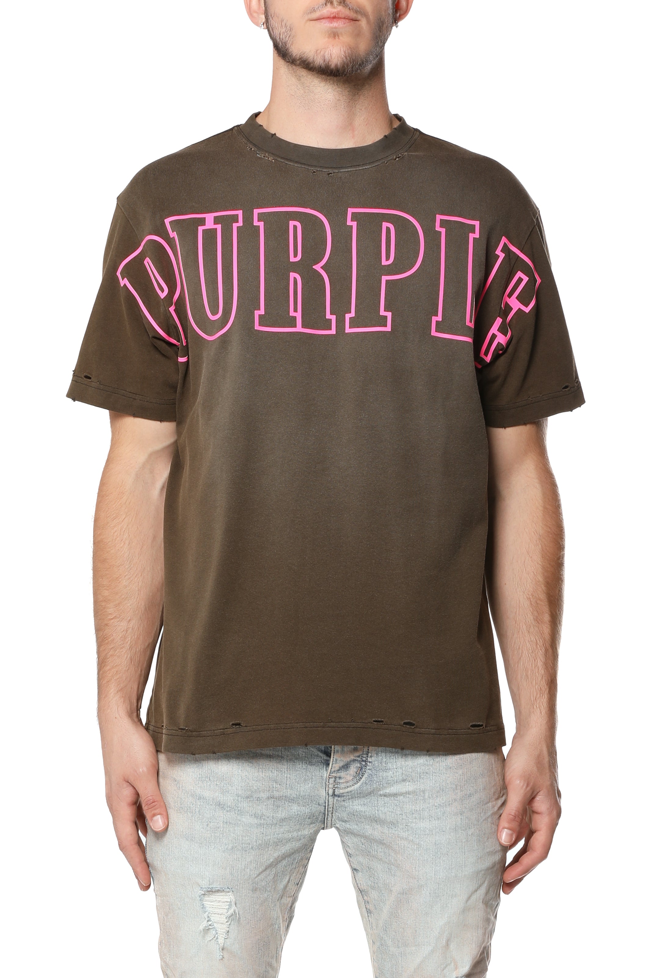 Purple Brand Slab Outline Brown cotton jersey T-shirt featuring a distressed finish and a vibrant outlined logo graphic on the chest.