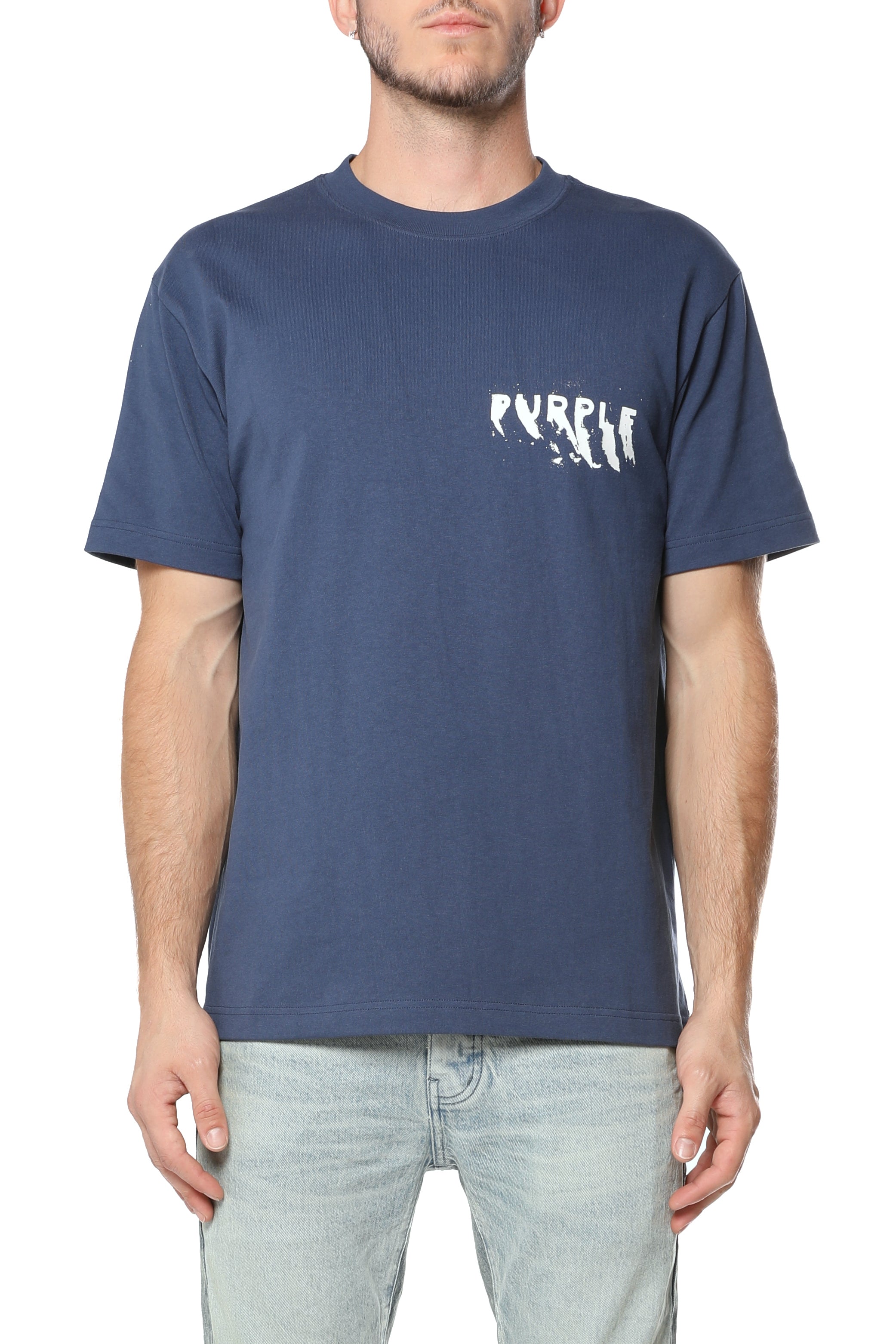 Purple Brand cotton crewneck T-shirt featuring the signature logo printed on the front and back with a classic short-sleeve design.
