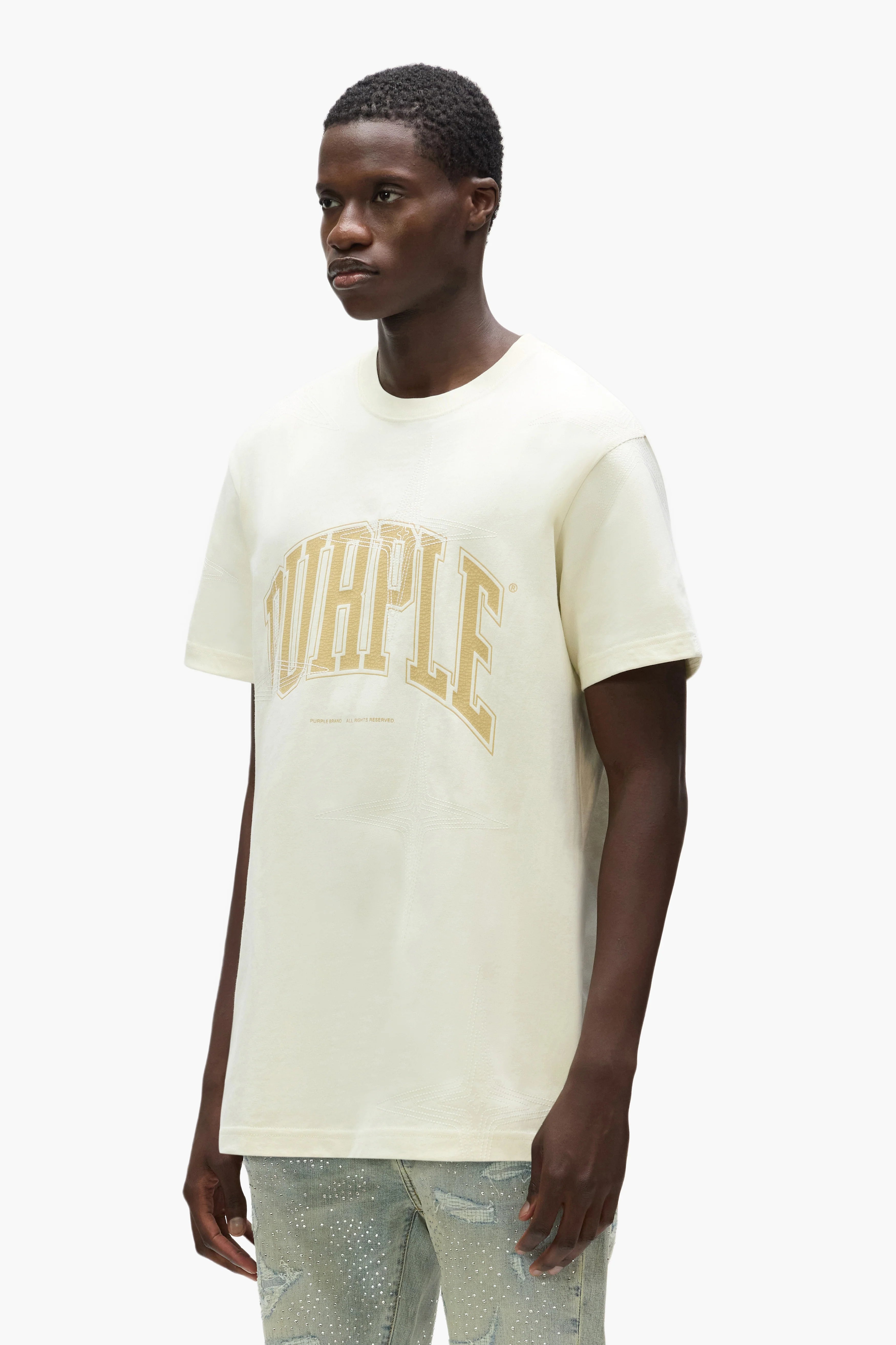 Purple Brand White Label heavyweight white cotton tee with dropped shoulders and logo lettering in digital print and silicone finish.