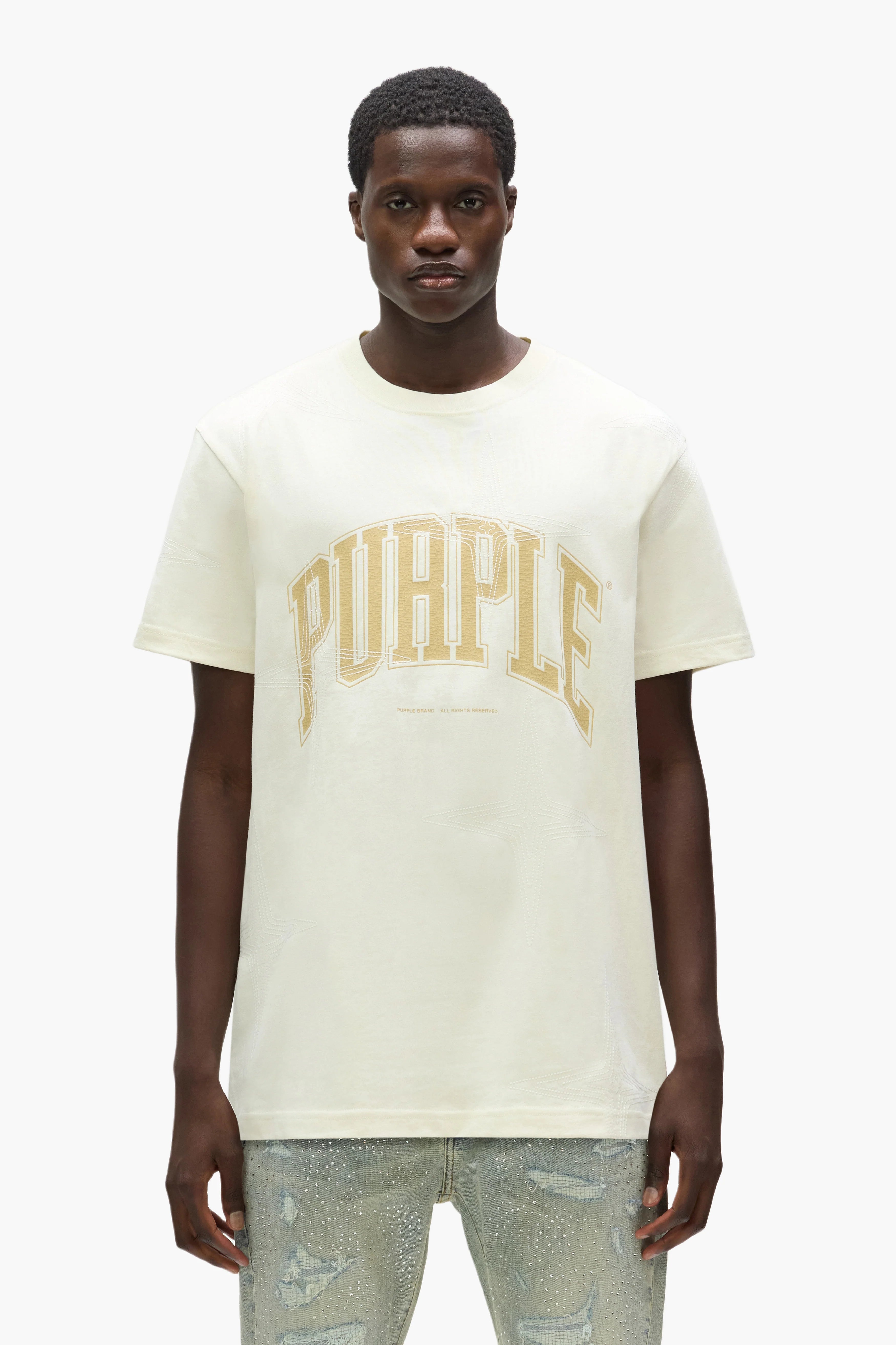 Purple Brand White Label heavyweight white cotton tee with dropped shoulders and logo lettering in digital print and silicone finish.