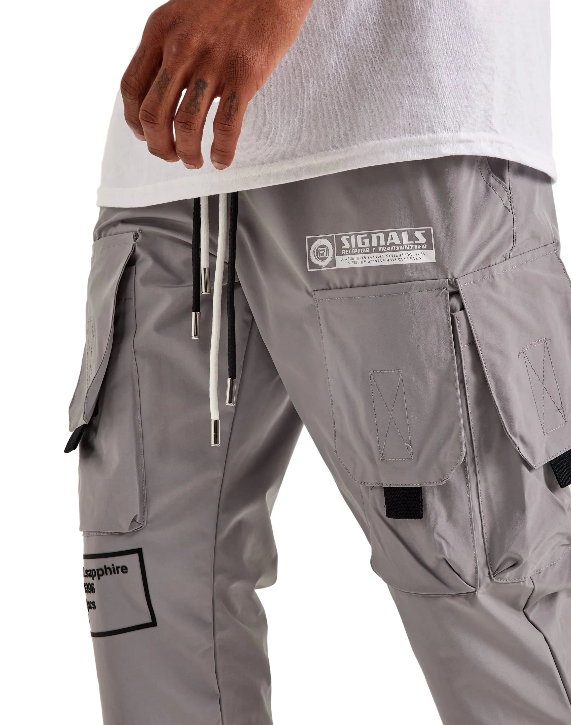 Kloud9 Grey Nylon Flare Cargo Pants with adjustable drawstring waist, front cargo pockets, side pockets, flared hems, and printed graphics