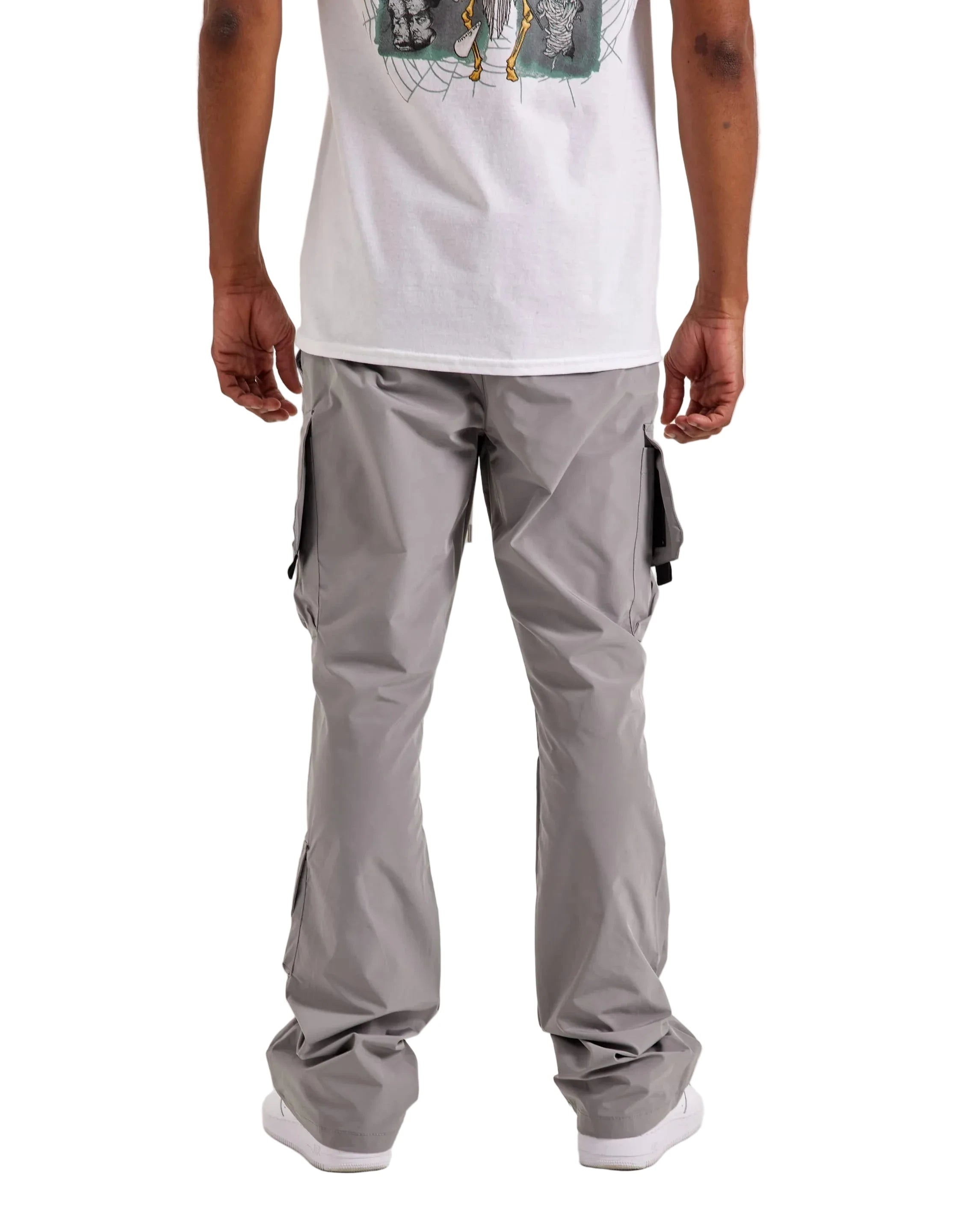 Kloud9 Grey Nylon Flare Cargo Pants with adjustable drawstring waist, front cargo pockets, side pockets, flared hems, and printed graphics
