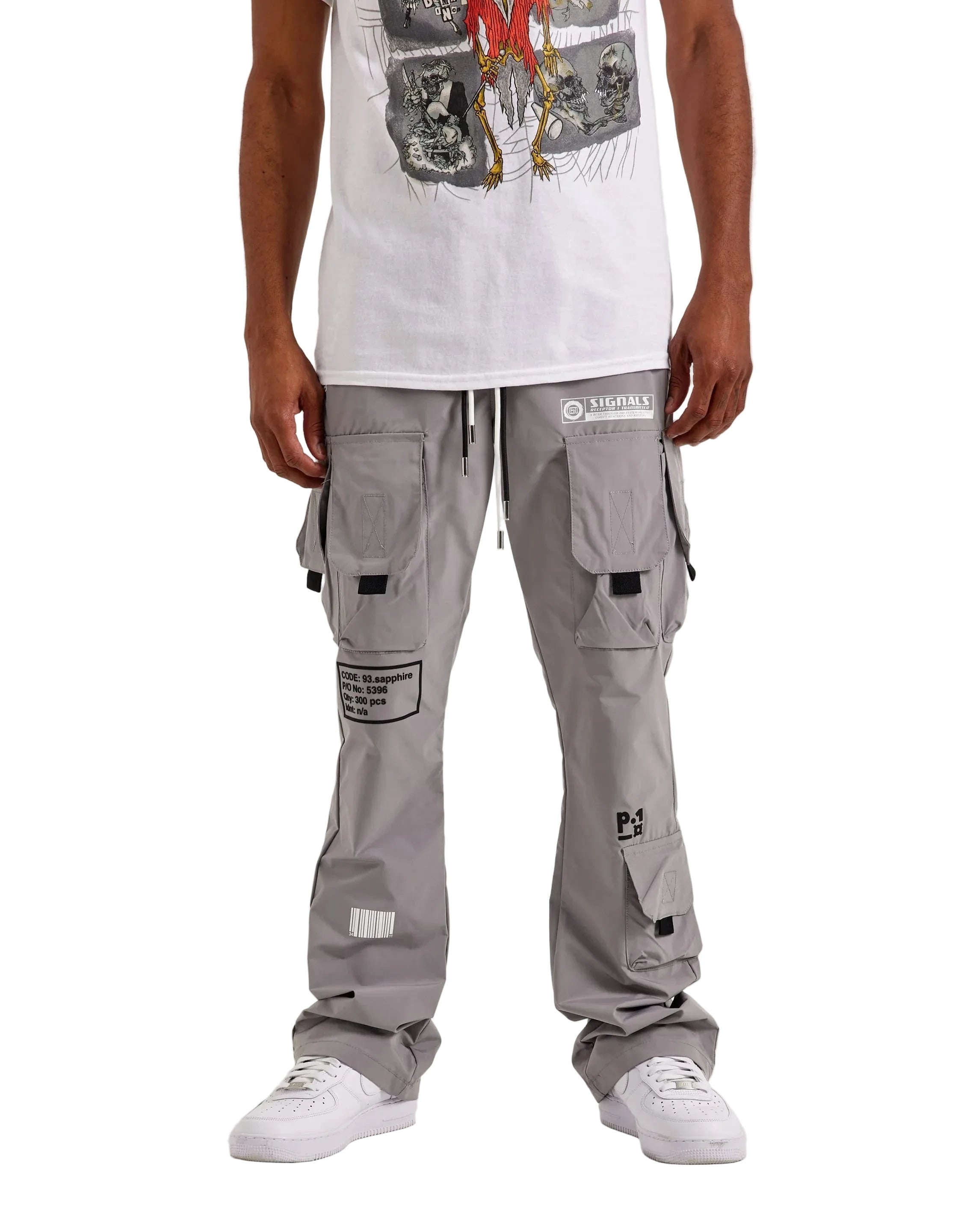 Kloud9 Grey Nylon Flare Cargo Pants with adjustable drawstring waist, front cargo pockets, side pockets, flared hems, and printed graphics