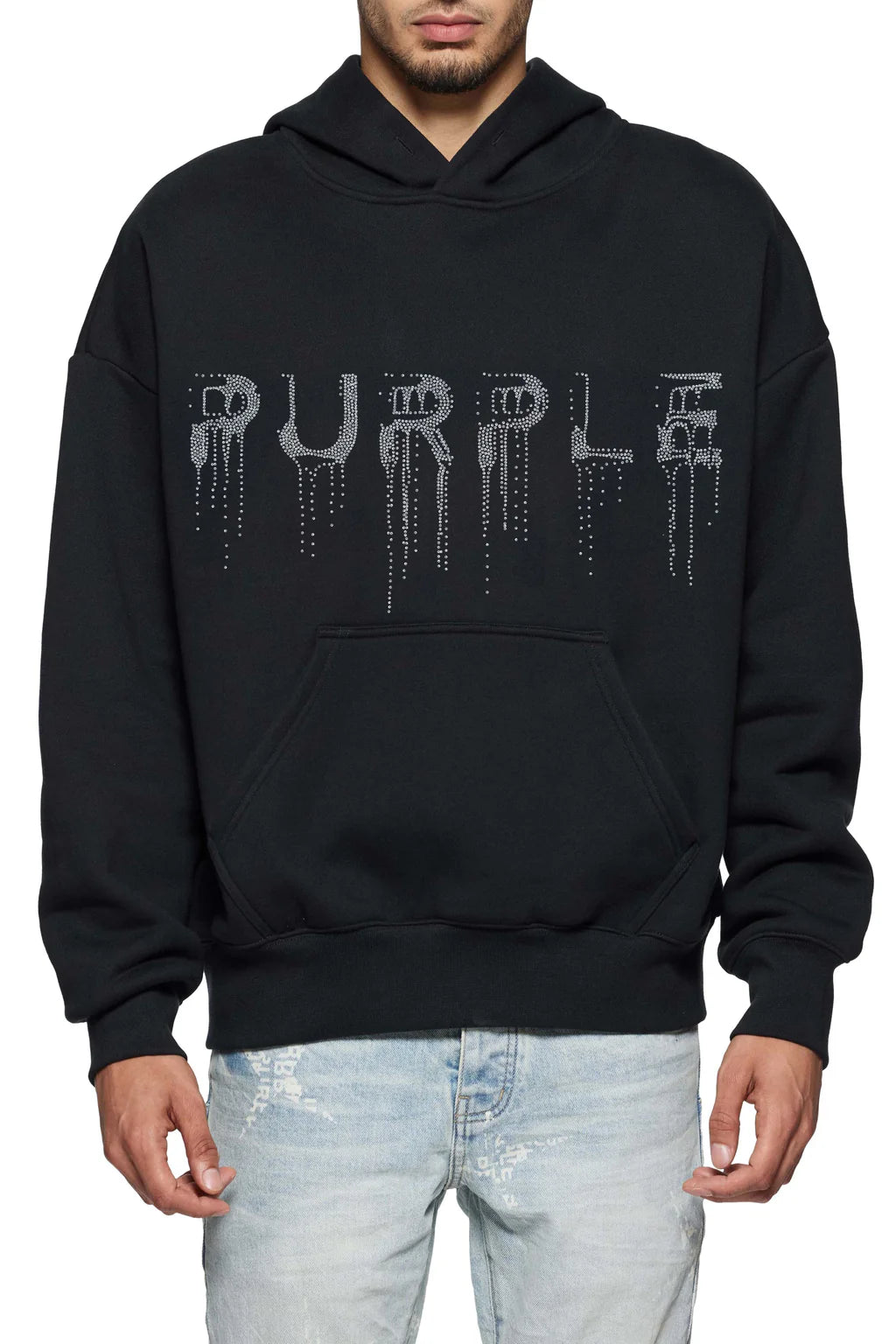 Purple Brand HWT black fleece pullover hoodie with a clean, minimalist streetwear design.