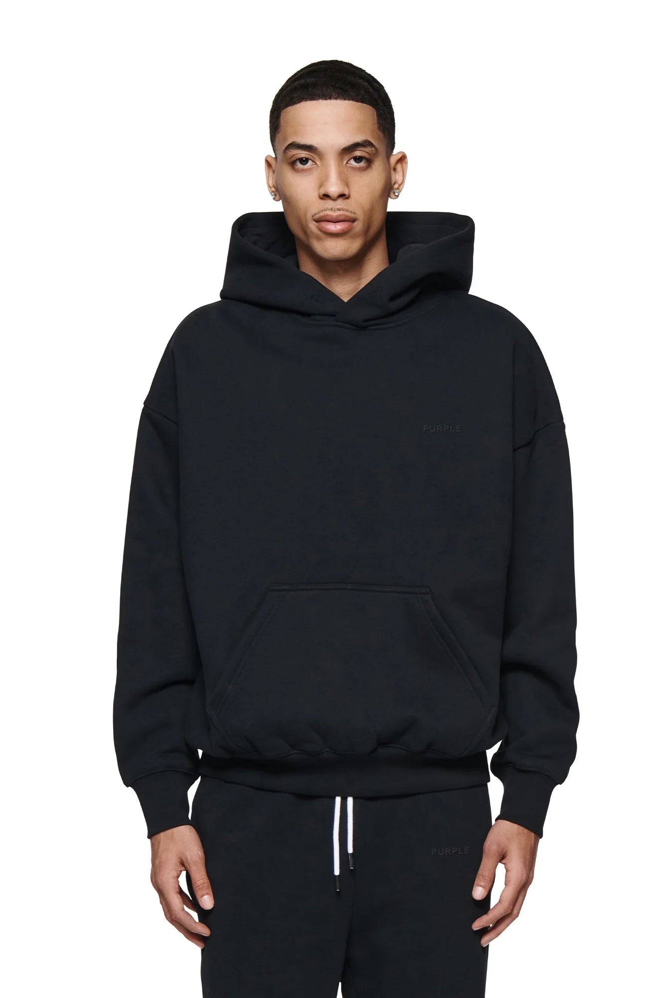 Purple Brand White Label oversized Basics hoodie in heavyweight cotton fleece with dropped shoulders, shoulder dart, and logo detailing.