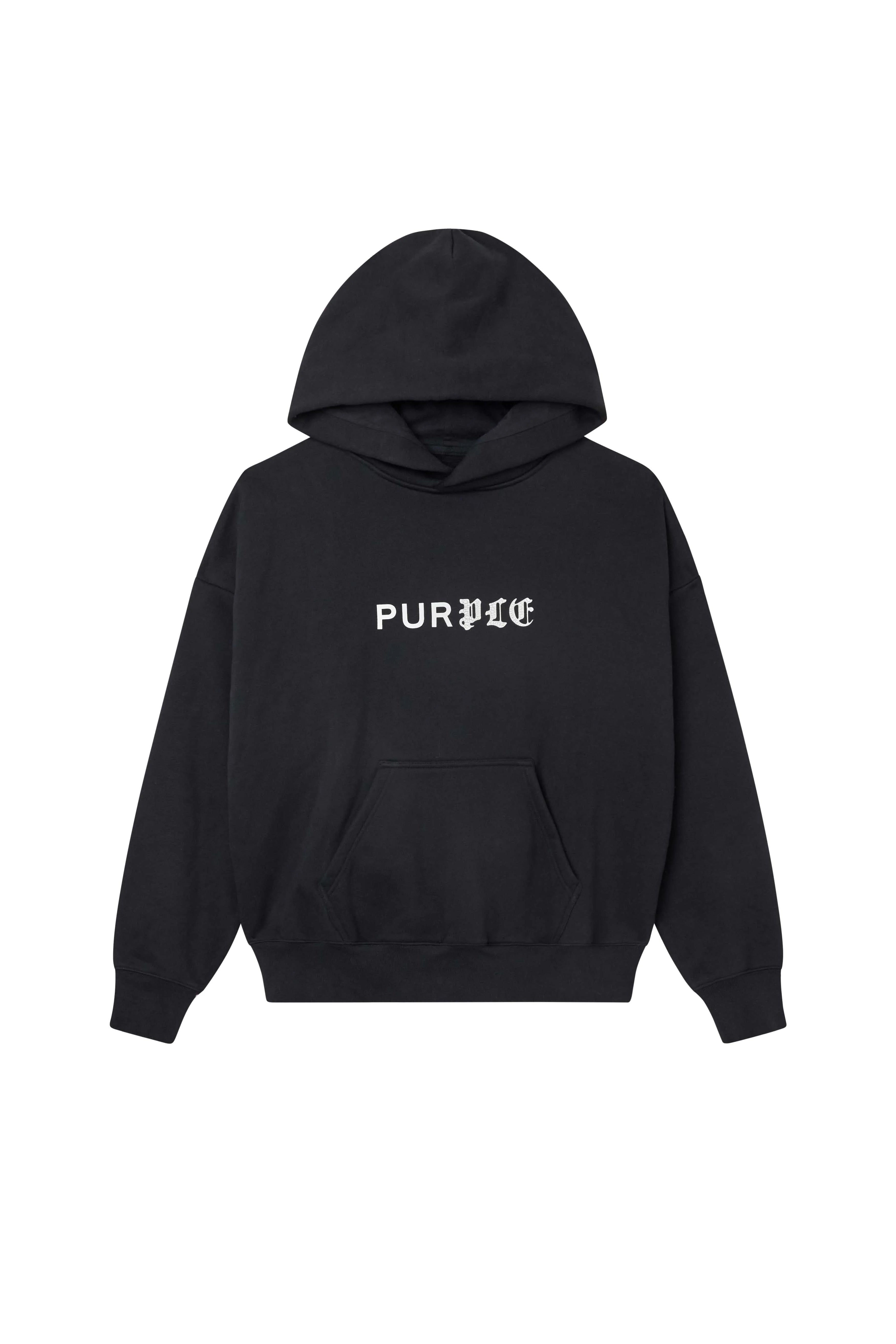 Purple Brand Half & Half Hoodie in heavyweight cotton fleece with oversized fit, featuring split design with screen and crackle print graphics.