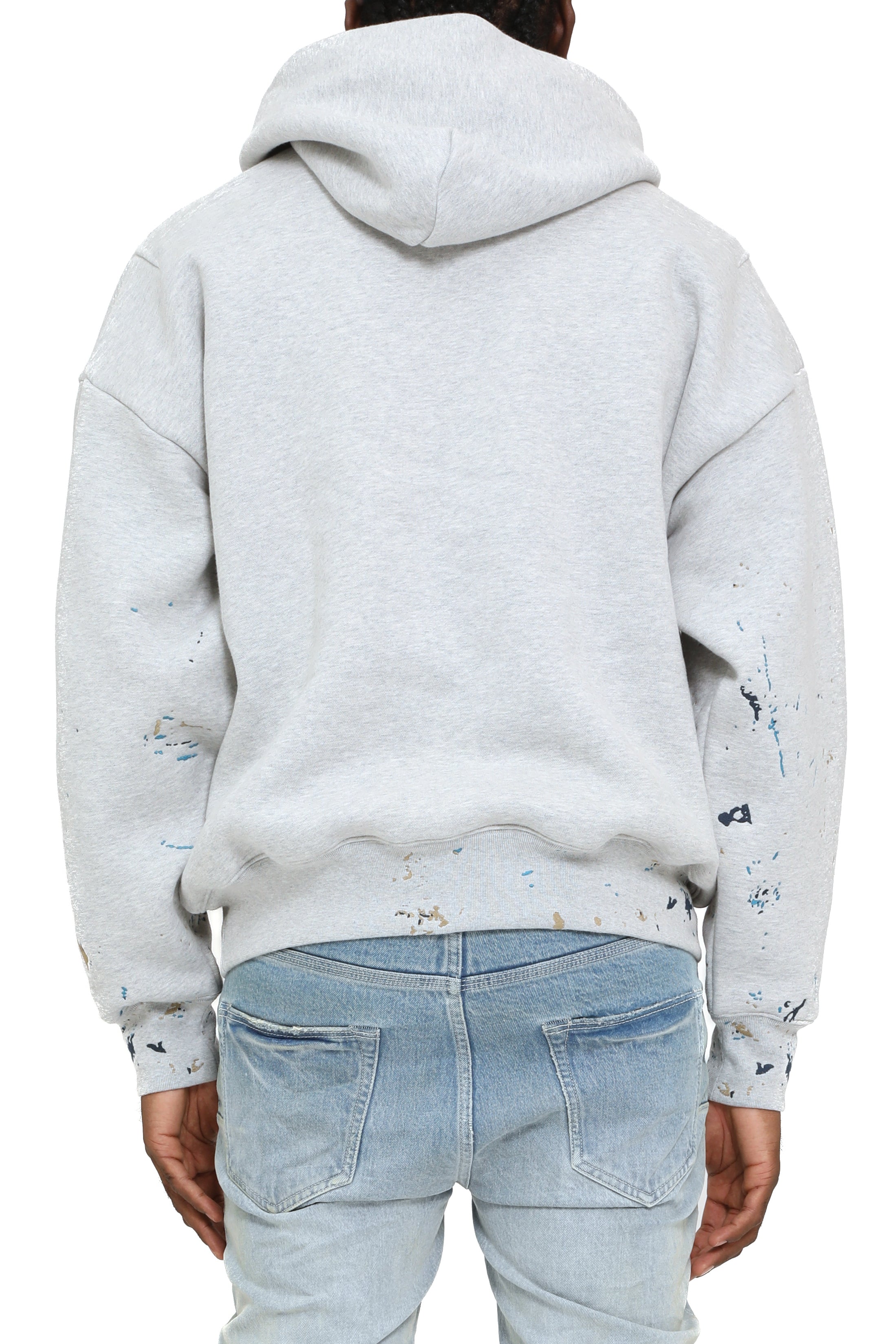 Purple Brand heavyweight fleece hoodie in gray with drawstring hood, kangaroo pocket, and ribbed trims.