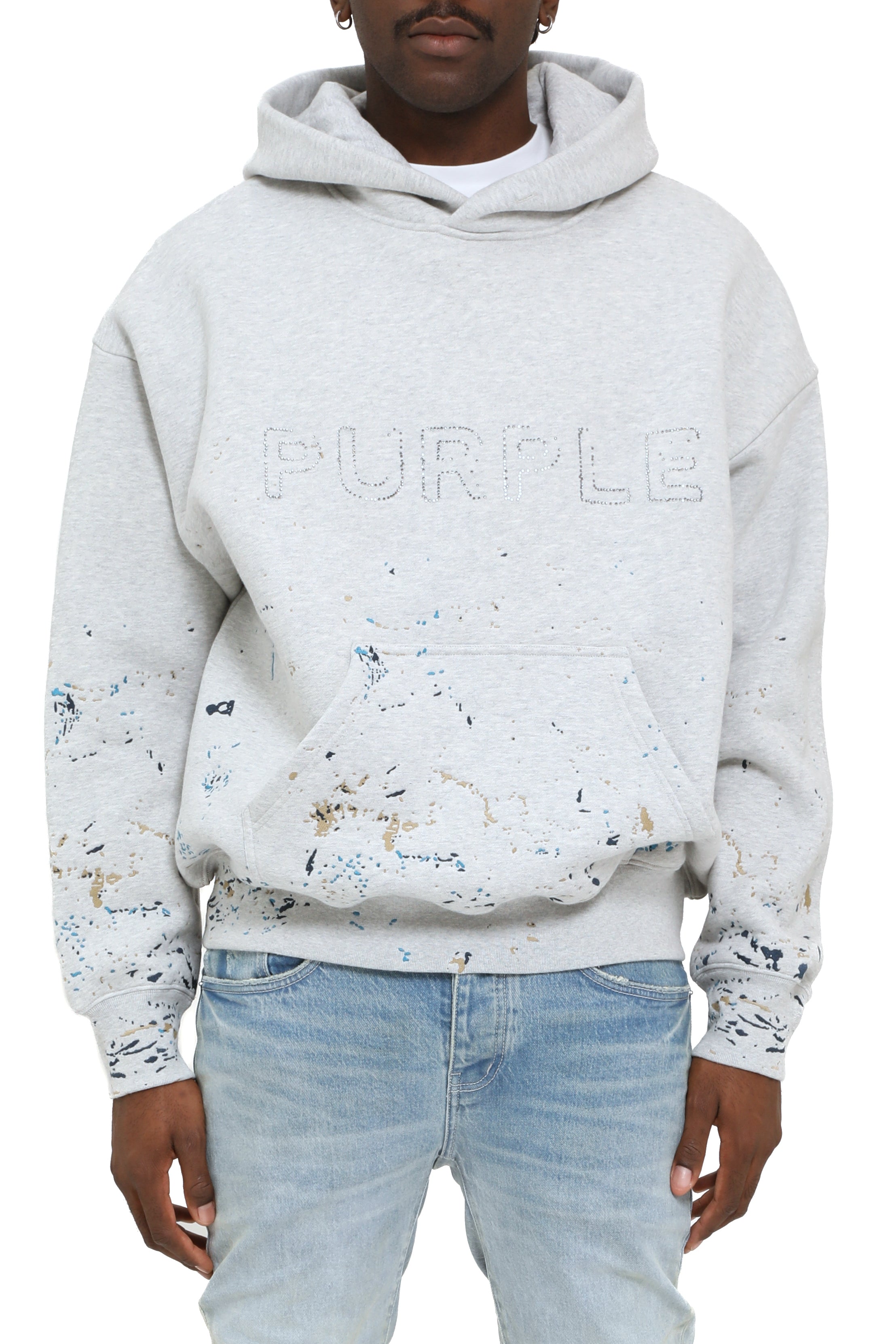 Purple Brand heavyweight fleece hoodie in gray with drawstring hood, kangaroo pocket, and ribbed trims.