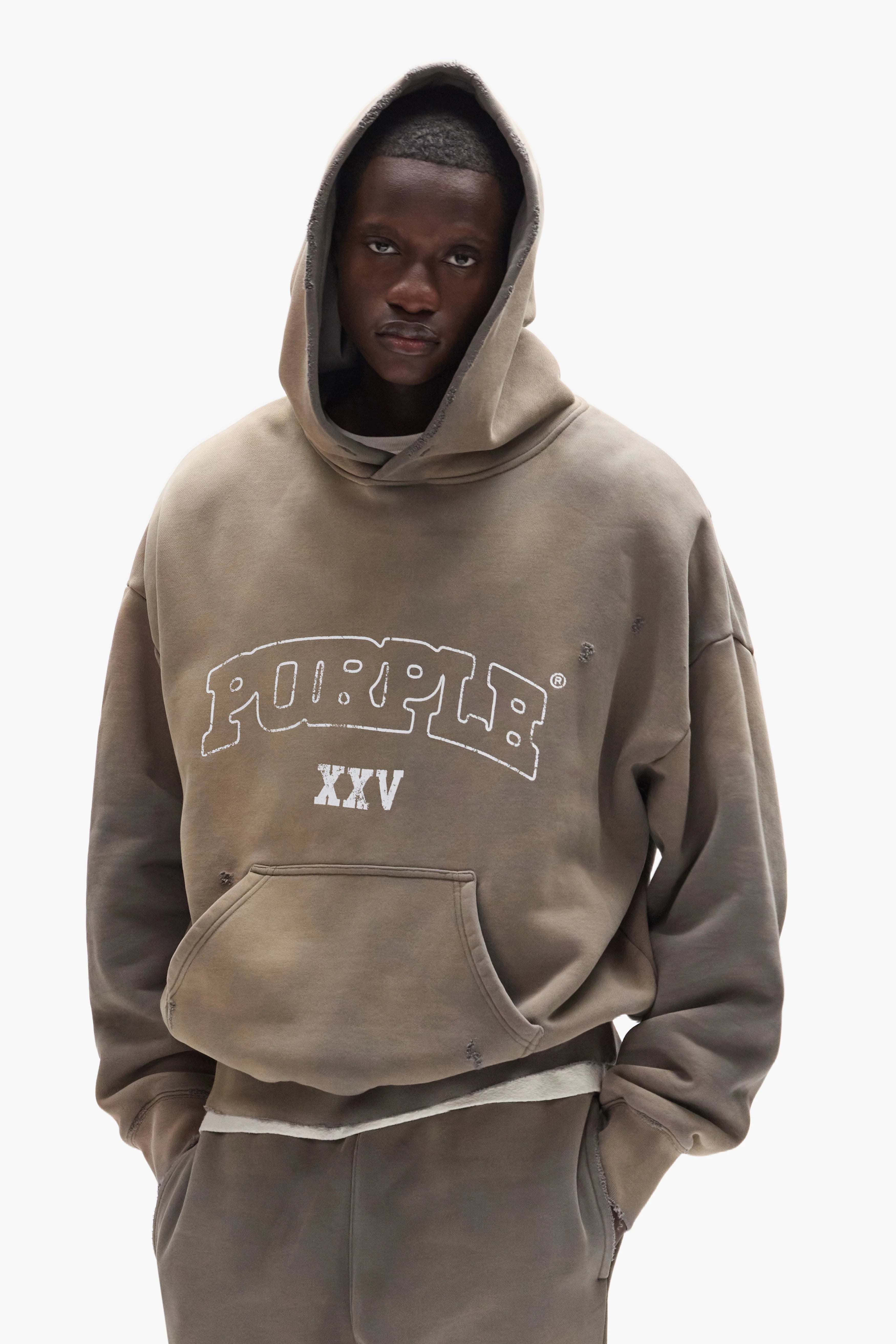 Purple Brand Slab Outline Hoodie in gray, oversized heavyweight cotton fleece with faded wash, distressed details, and slab outline graphic print.