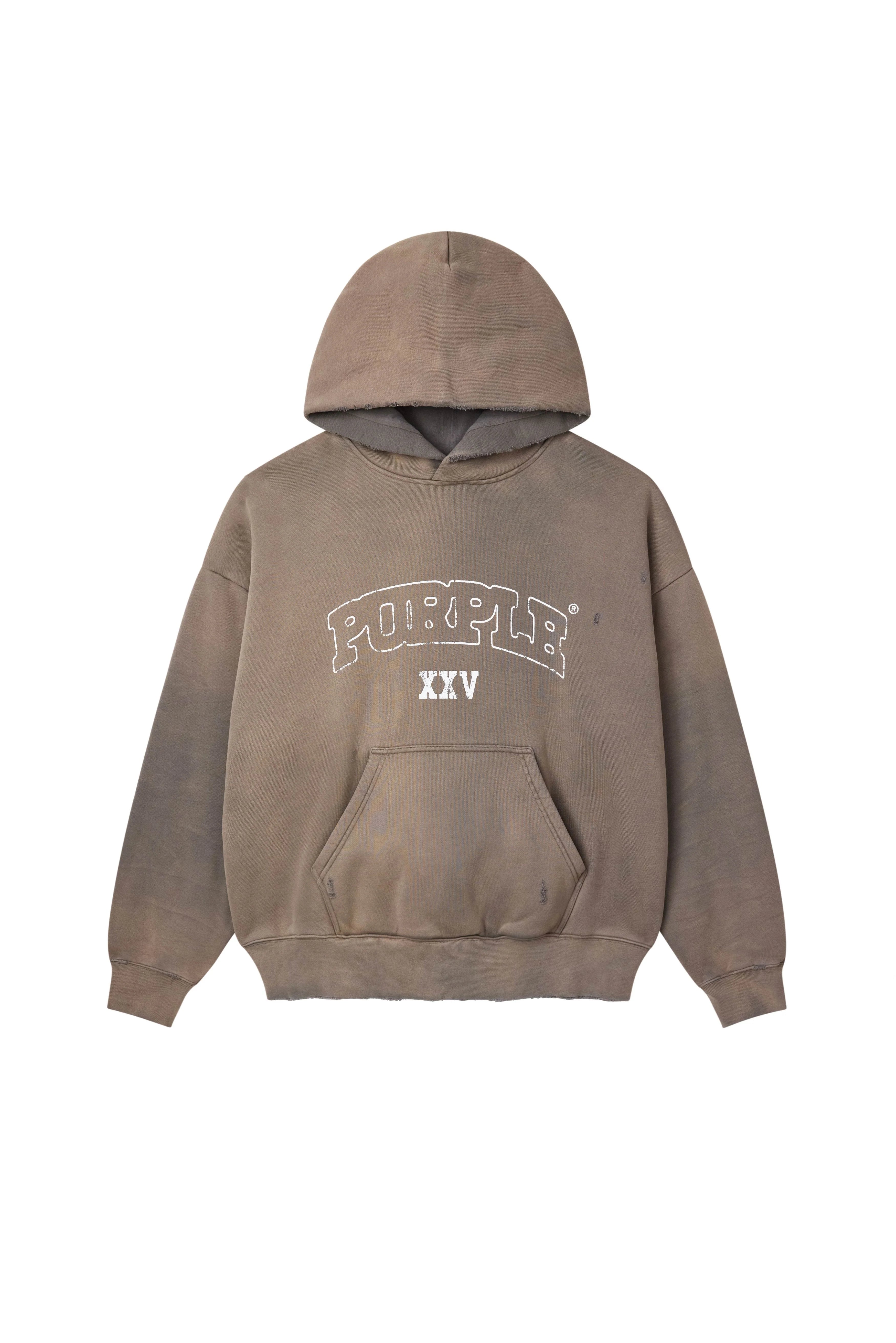 Purple Brand Slab Outline Hoodie in gray, oversized heavyweight cotton fleece with faded wash, distressed details, and slab outline graphic print.