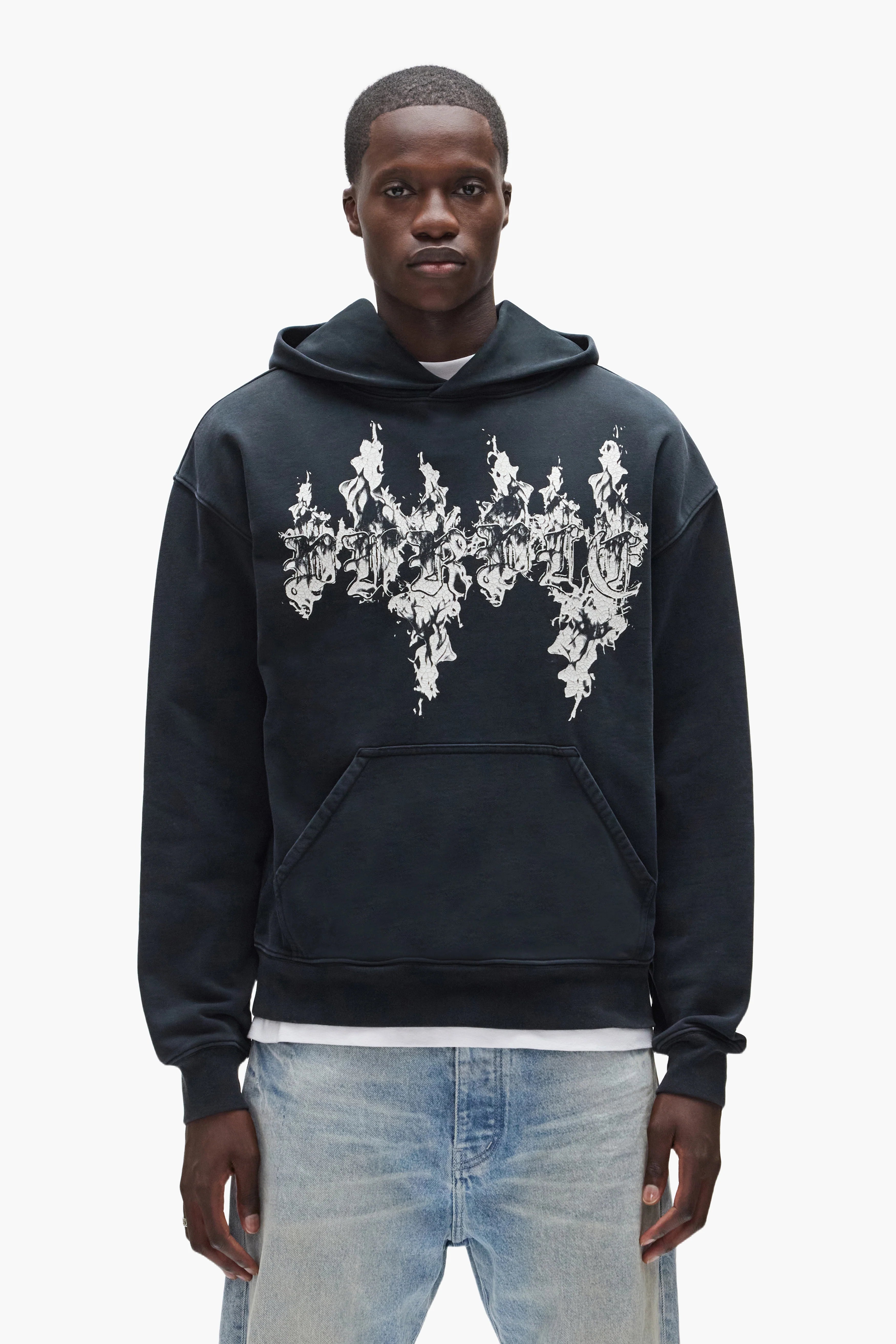 Purple Brand Gothic Flames Hoodie in heavyweight cotton fleece, acid wash finish with bold crackle print graphic, relaxed streetwear fit.