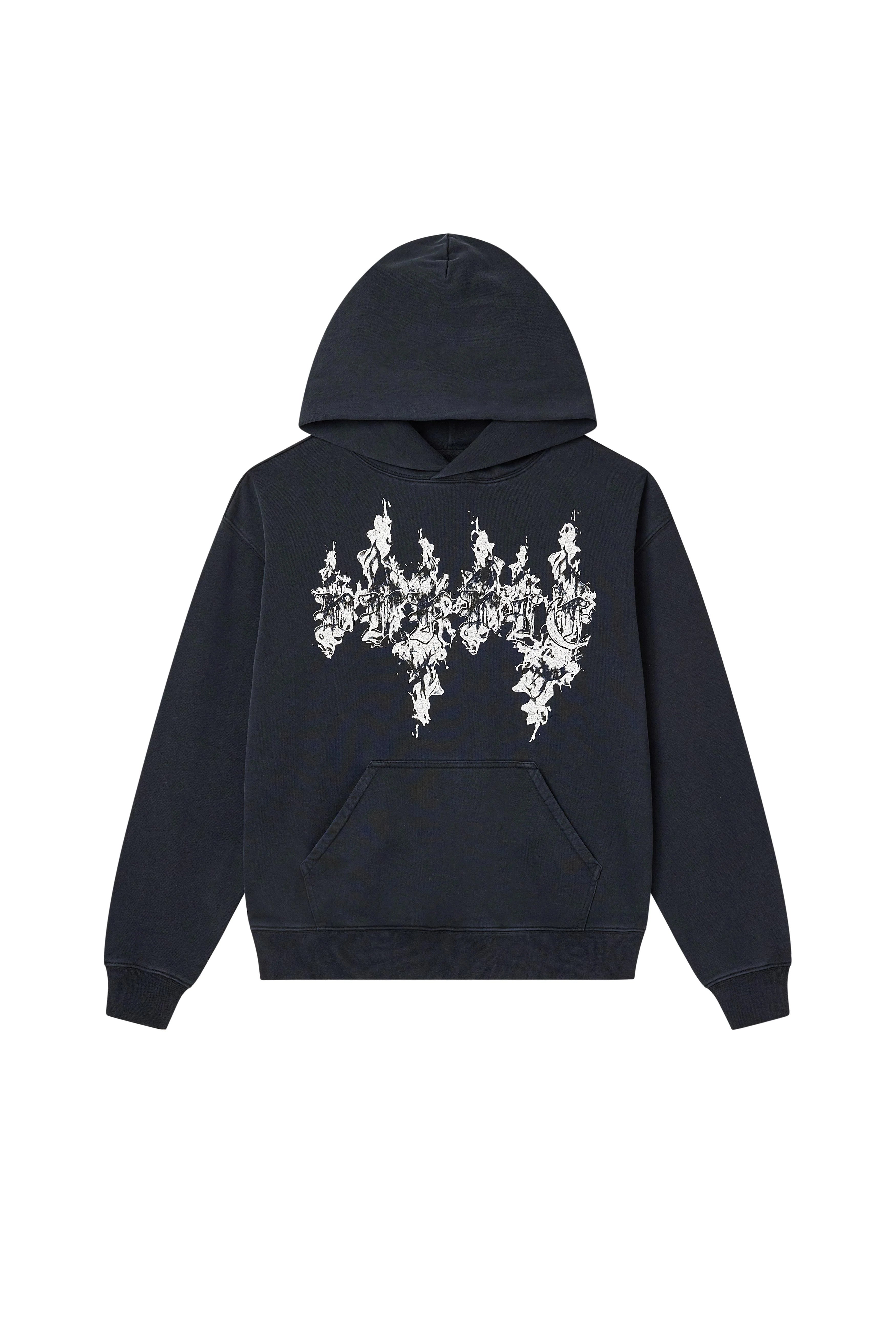 Purple Brand Gothic Flames Hoodie in heavyweight cotton fleece, acid wash finish with bold crackle print graphic, relaxed streetwear fit.