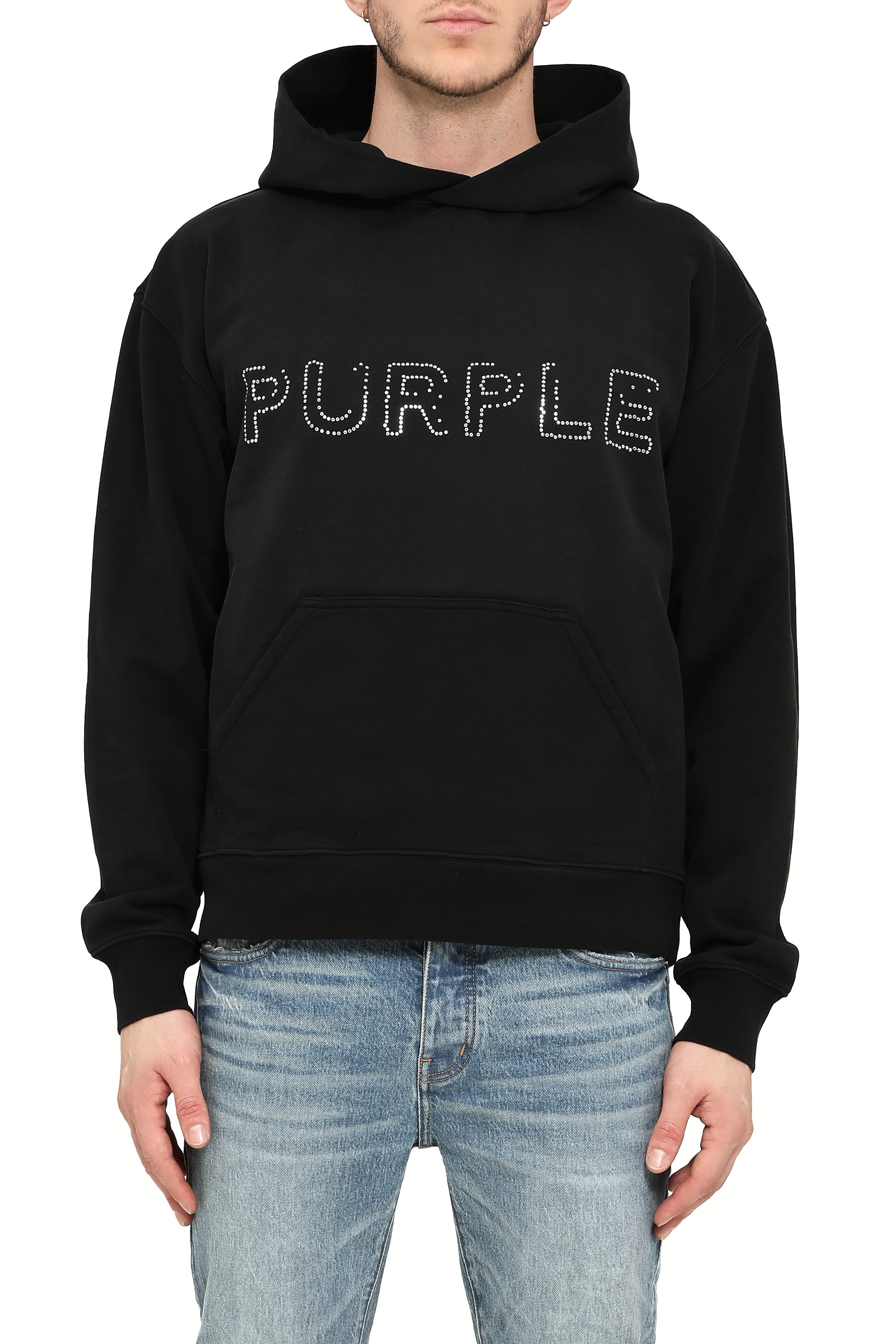 Black hoodie with 'PURPLE' text worn by a person on a white background