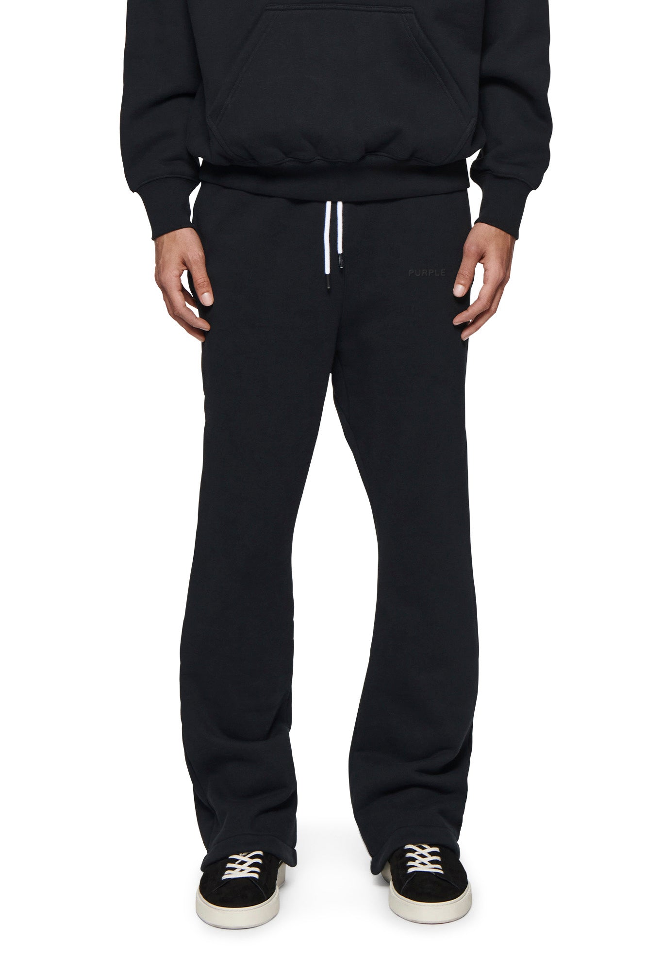 Purple Brand White Label Basics flared sweatpant in heavyweight cotton fleece with relaxed fit, enzyme wash, and logo detail.