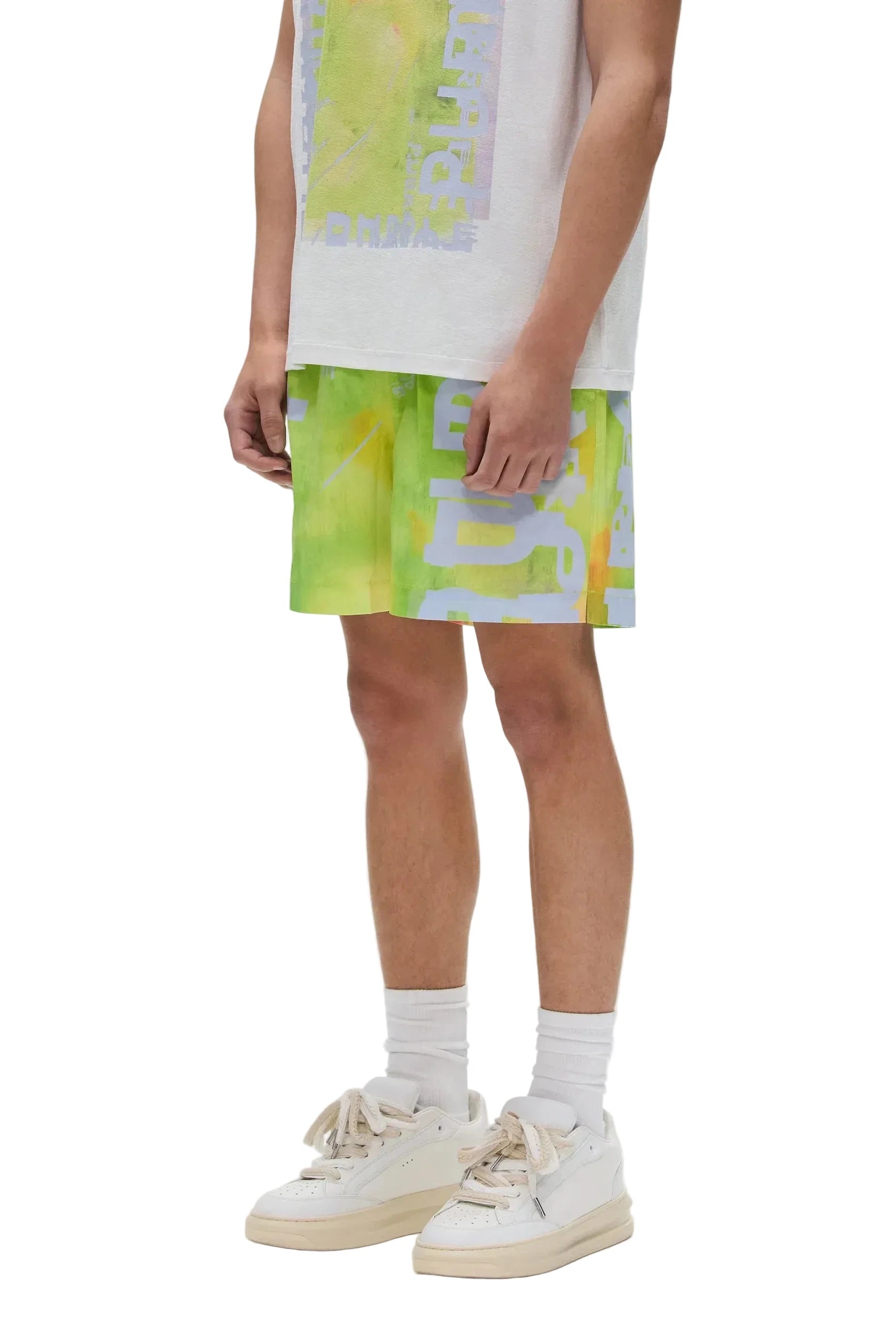 Purple Brand All Round shorts in brilliant white with digital print design, elastic waistband, and flat drawcord