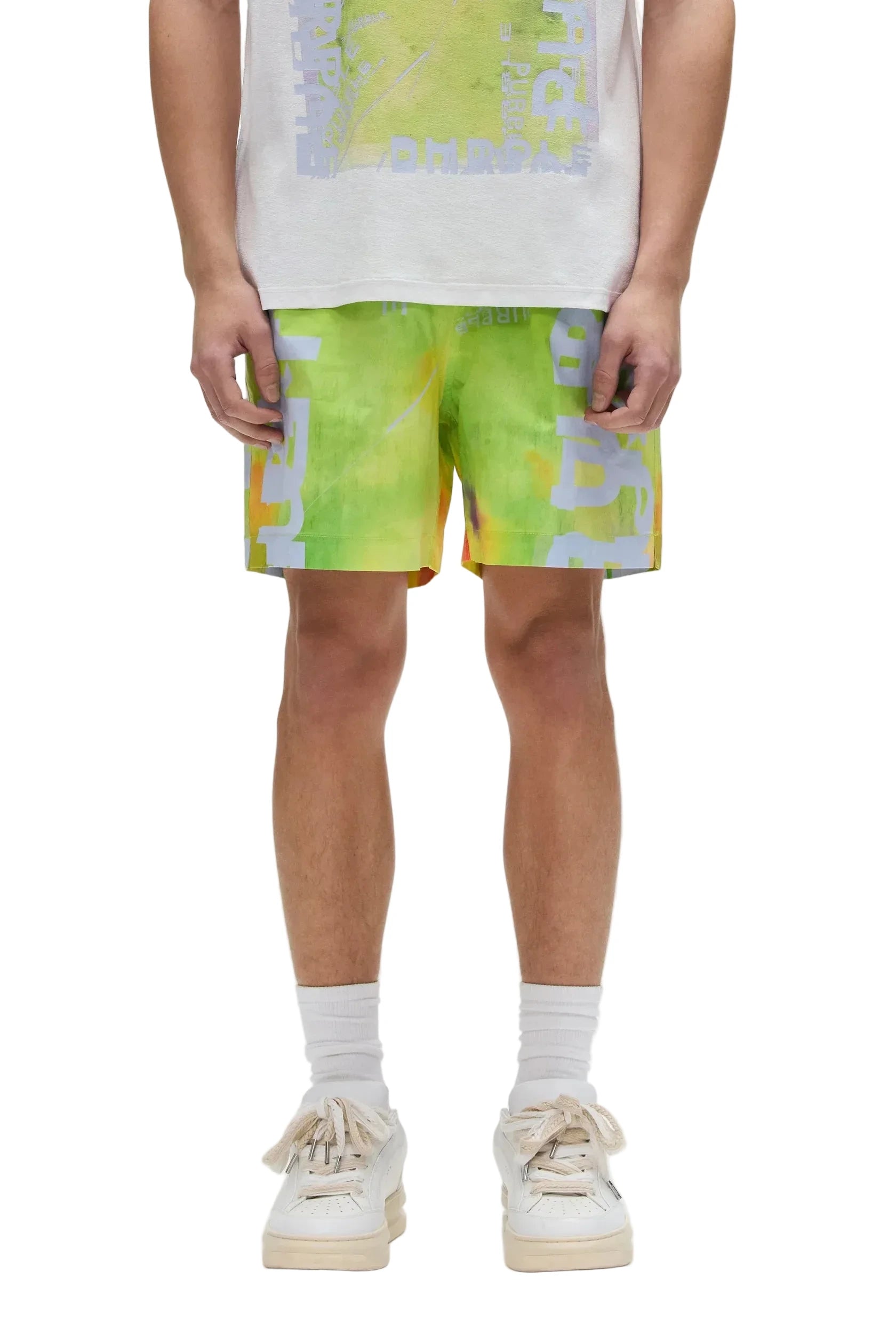 Purple Brand All Round shorts in brilliant white with digital print design, elastic waistband, and flat drawcord