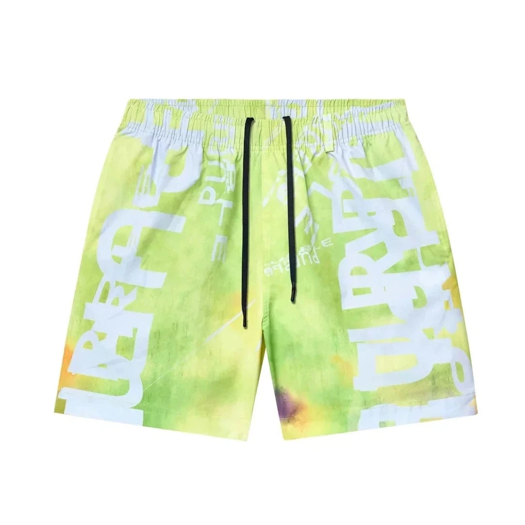 Purple Brand All Round shorts in brilliant white with digital print design, elastic waistband, and flat drawcord