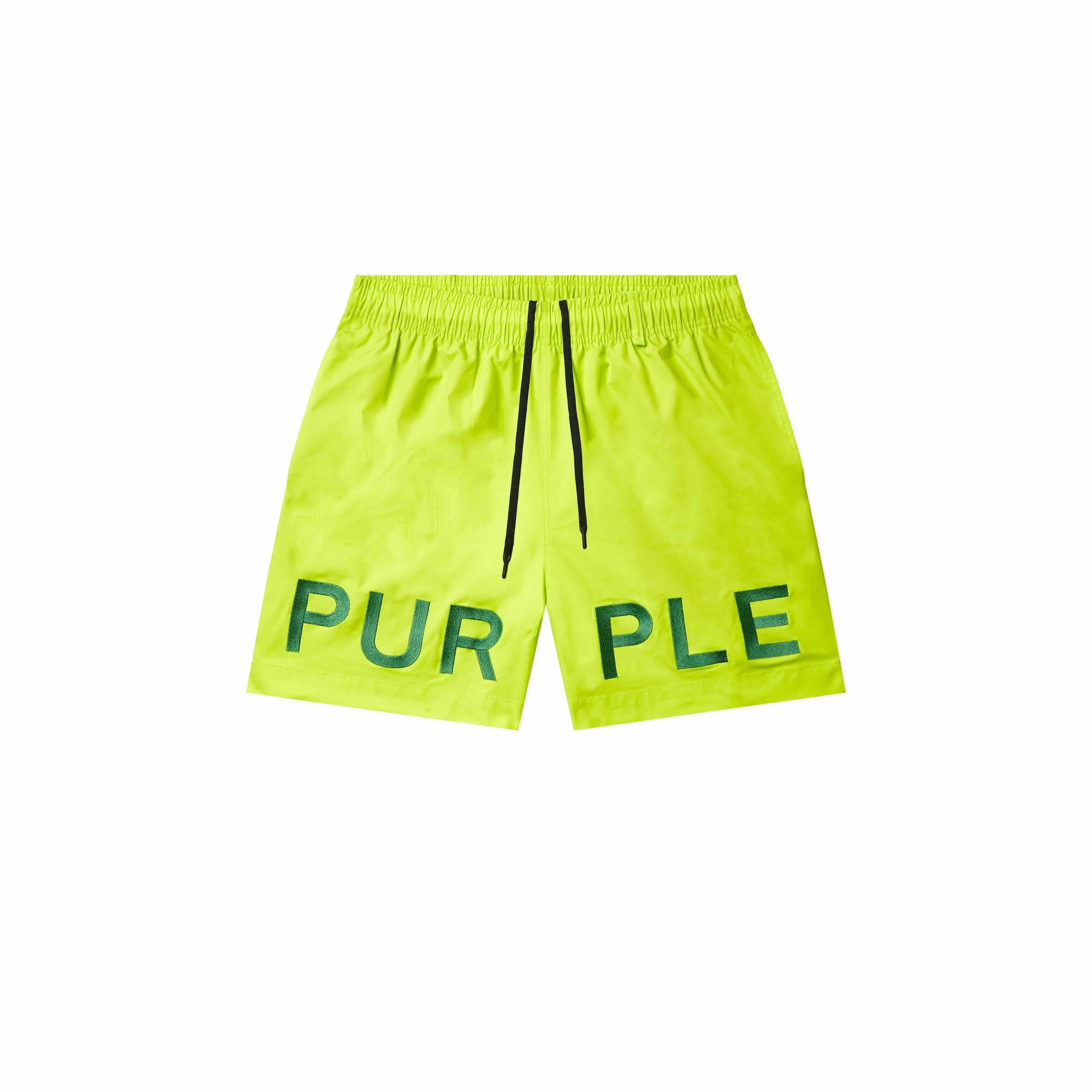 Purple Brand water-repellent woven shorts with bold embroidery on both legs, elastic waistband, and drawcord detailing.