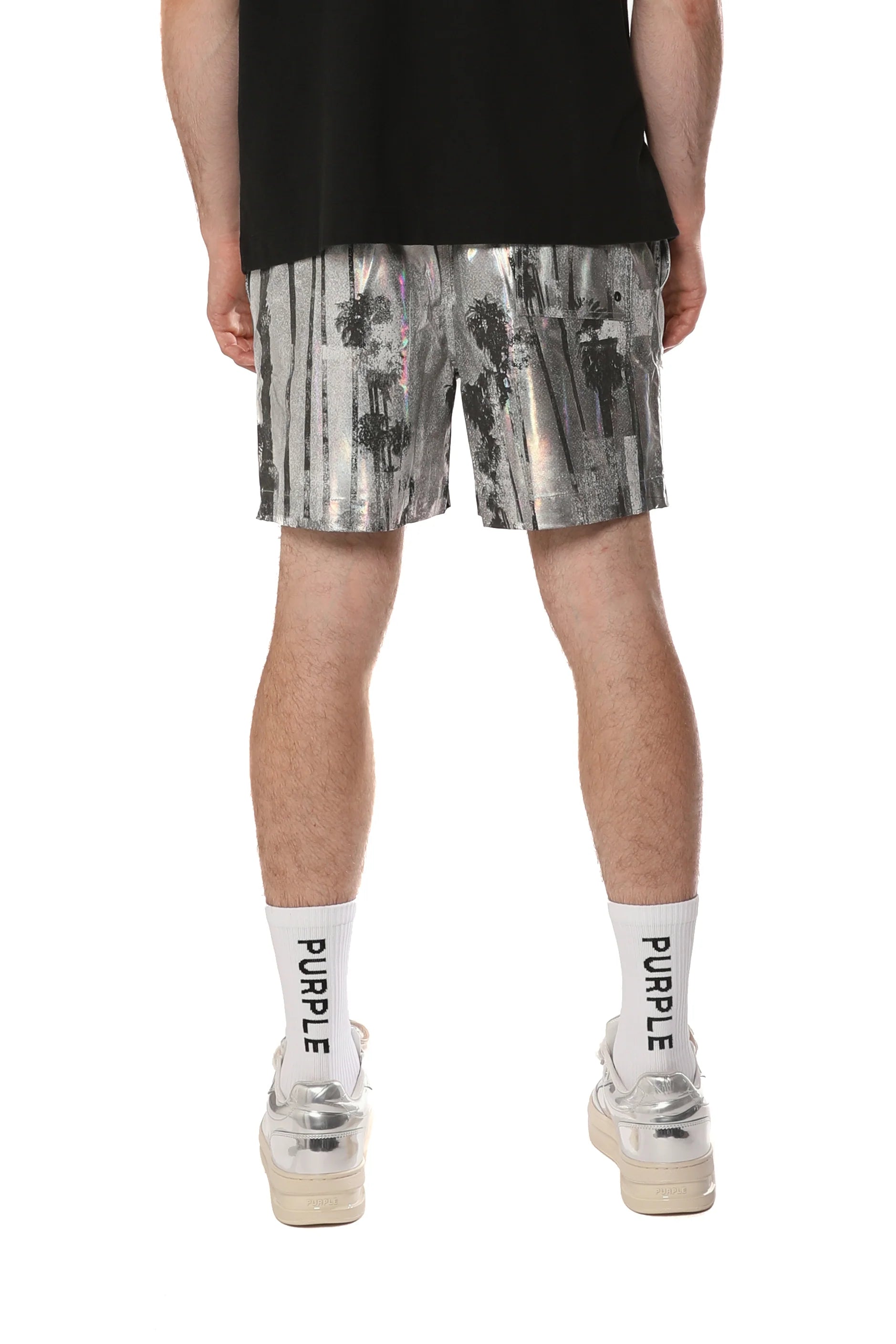 Purple Brand All Round black shorts with elastic waistband, flat drawcord, and metallic-look finish