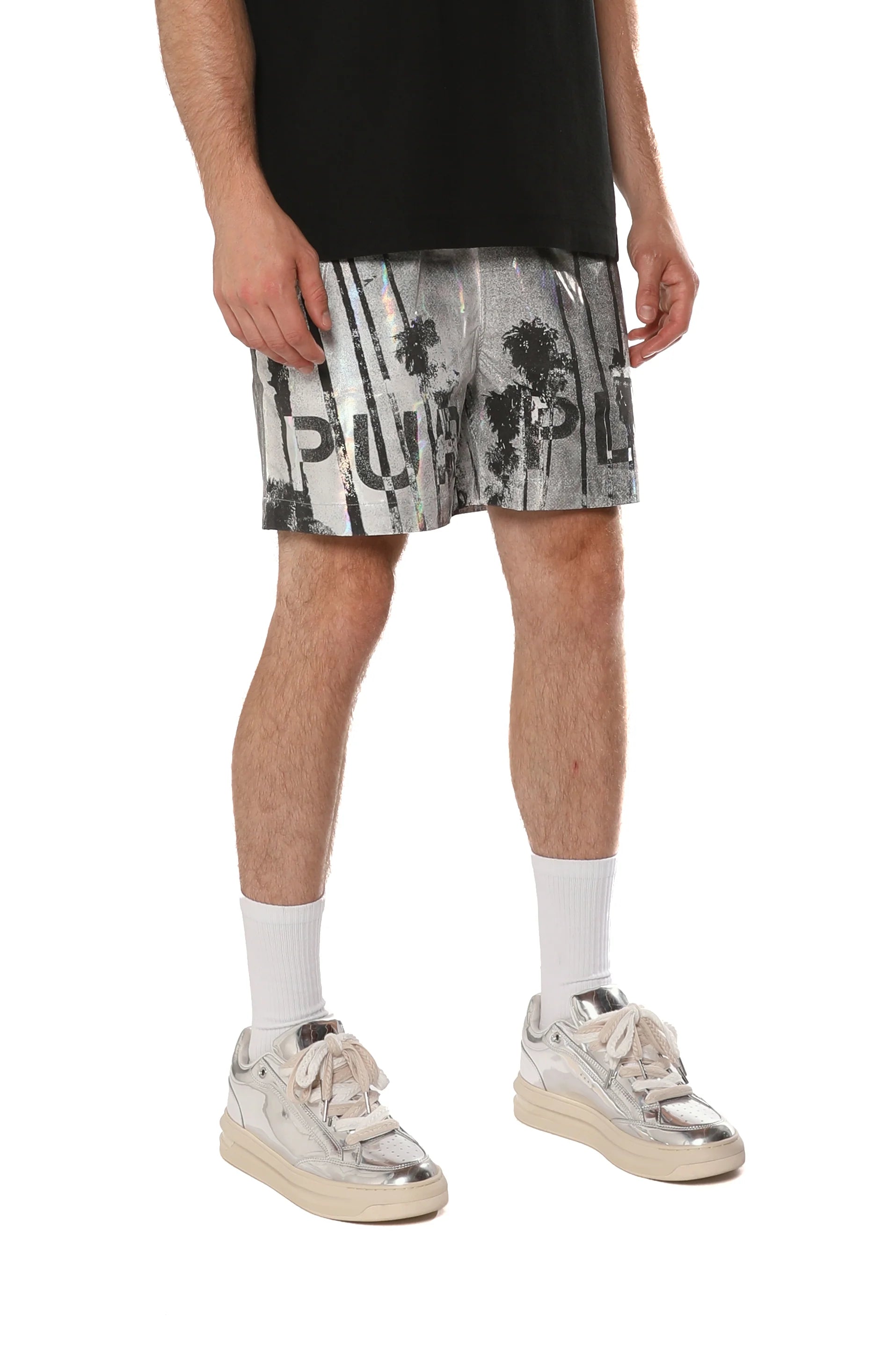 Purple Brand All Round black shorts with elastic waistband, flat drawcord, and metallic-look finish