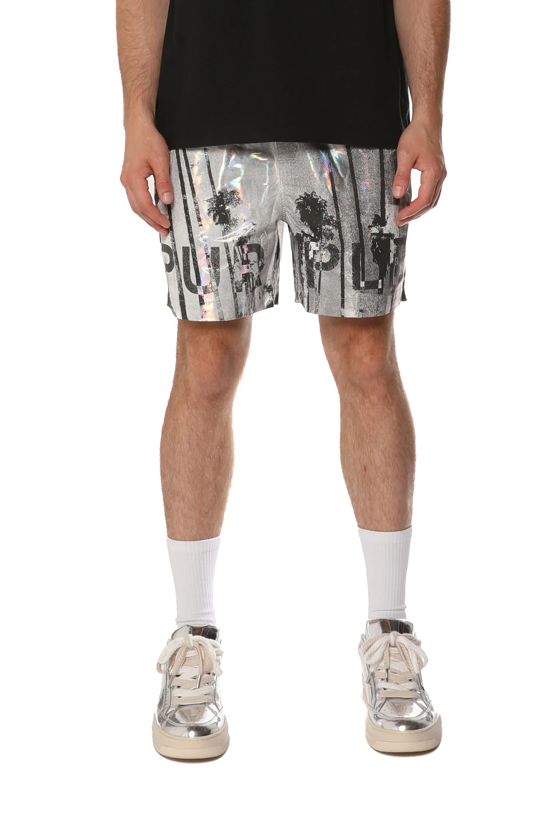 Purple Brand All Round black shorts with elastic waistband, flat drawcord, and metallic-look finish