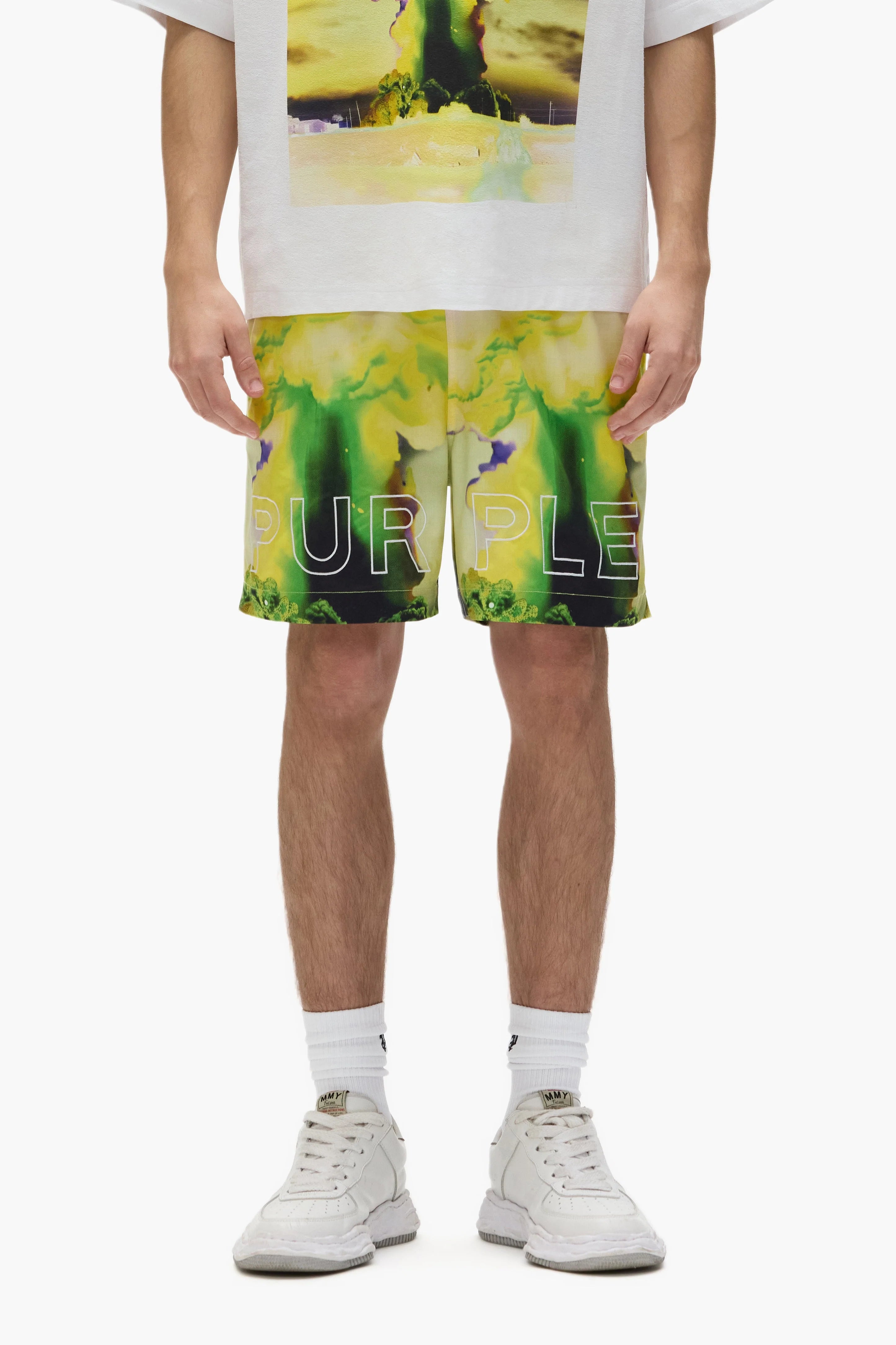 Purple Brand water-repellent black woven shorts with embroidered logos on both legs and elastic waistband