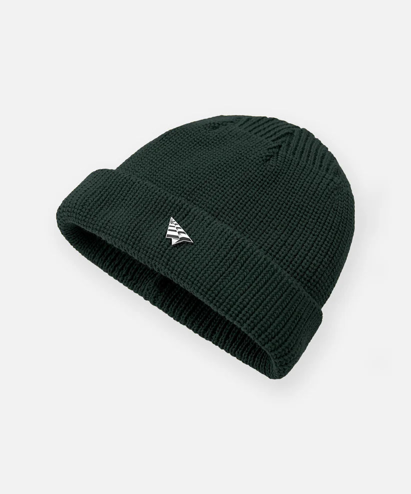 Paper Plane Wharfman beanie with rolled cuff, removable flag logo pin, and back flag label.