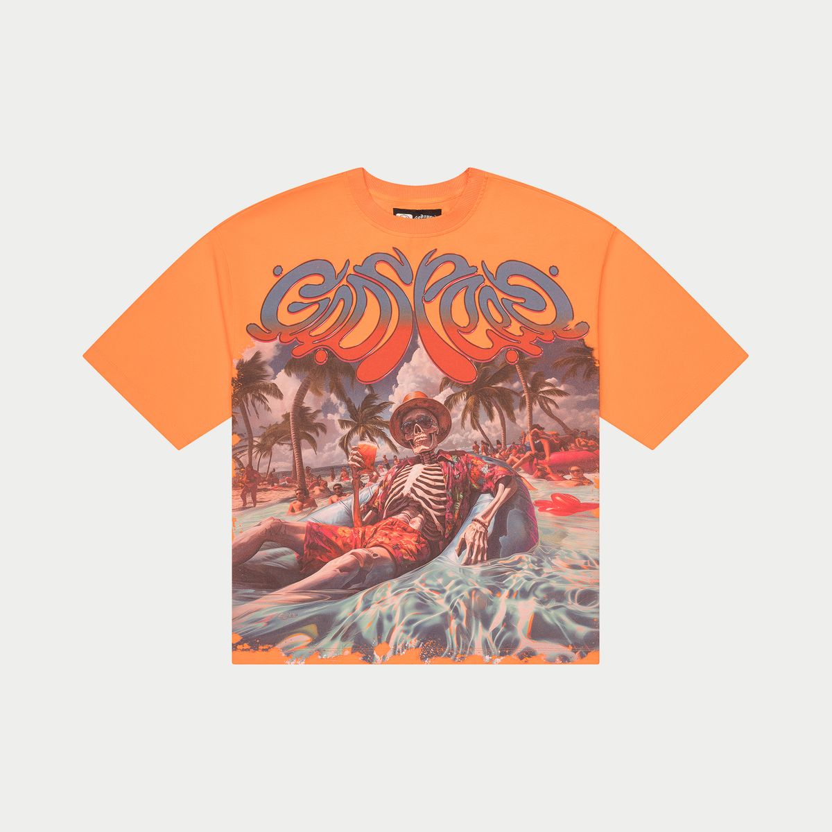Godspeed Pool Party T-Shirt in Tangerine Wash with digital art graphic, oversized silhouette, and limited to 444 individually numbered units.