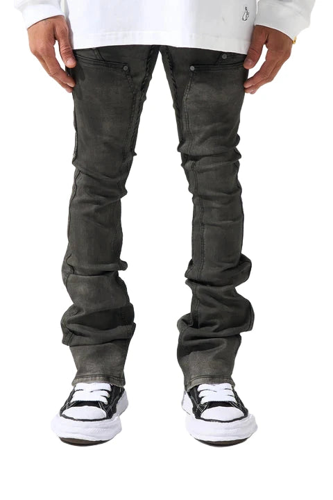 SERENEDE® RAIN smoke grey stacked jeans with carpenter panels, extended length, fitted silhouette, leather waistband patch, and branded hardware.