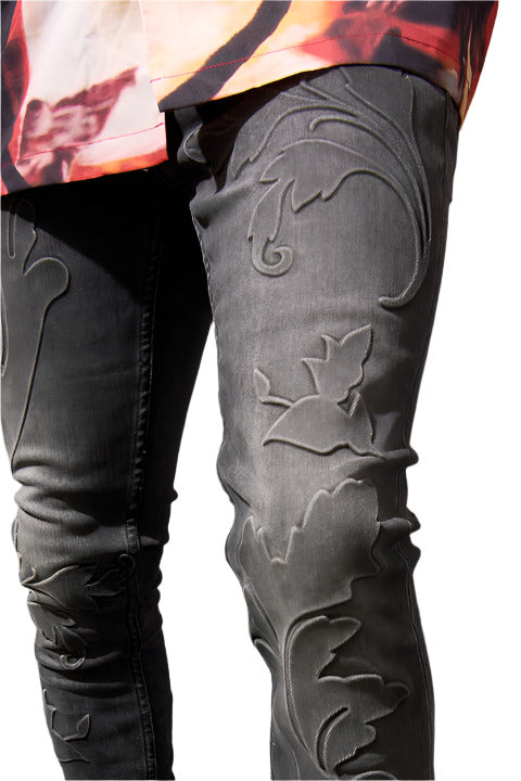 Vintage black SERENEDE® ROME jeans with debossed grape vine details, fading, and clean fitted construction.