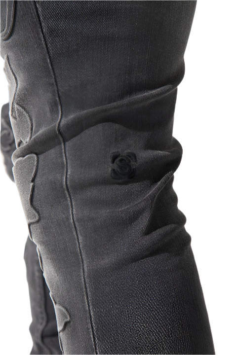 Vintage black SERENEDE® ROME jeans with debossed grape vine details, fading, and clean fitted construction.