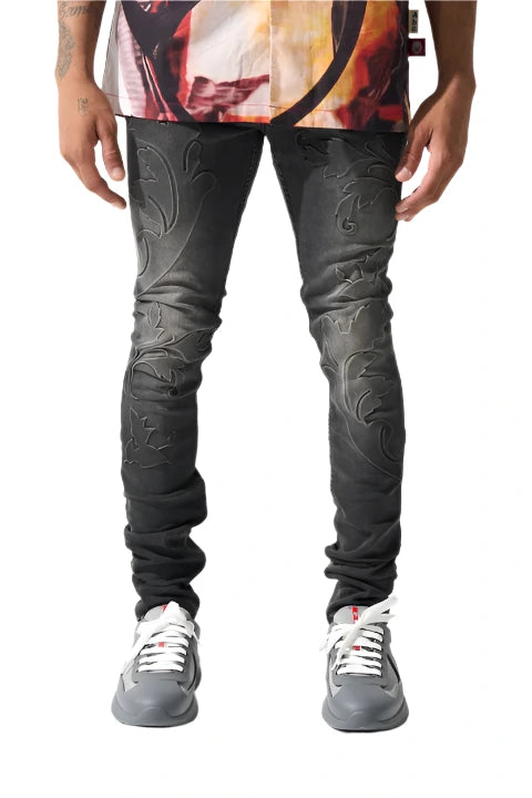 Vintage black SERENEDE® ROME jeans with debossed grape vine details, fading, and clean fitted construction.