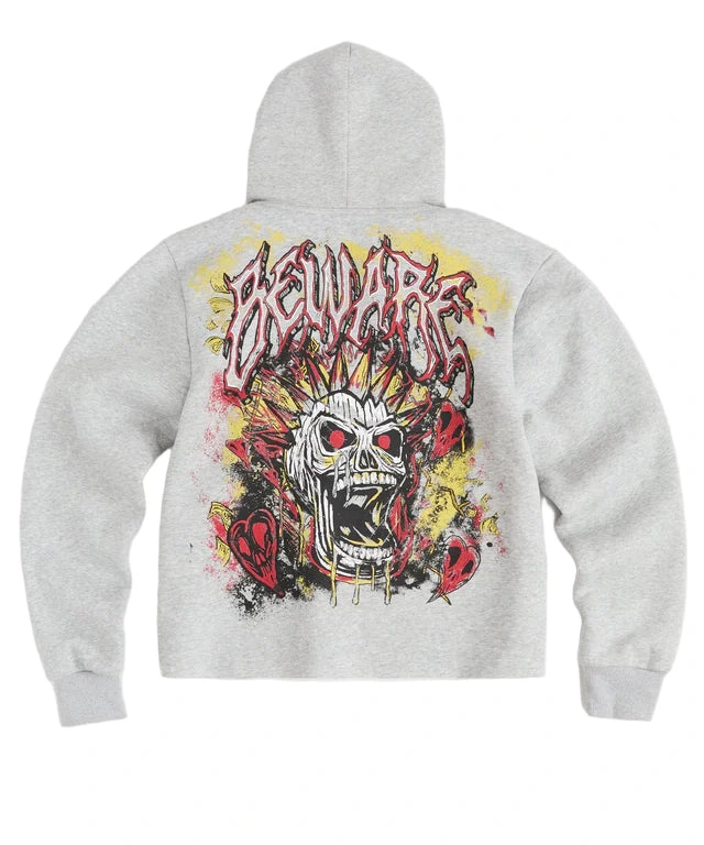 Grey hoodie with embroidered skull graphic and custom artwork on front and back.