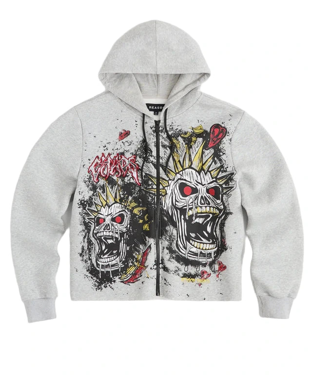 Grey hoodie with embroidered skull graphic and custom artwork on front and back.