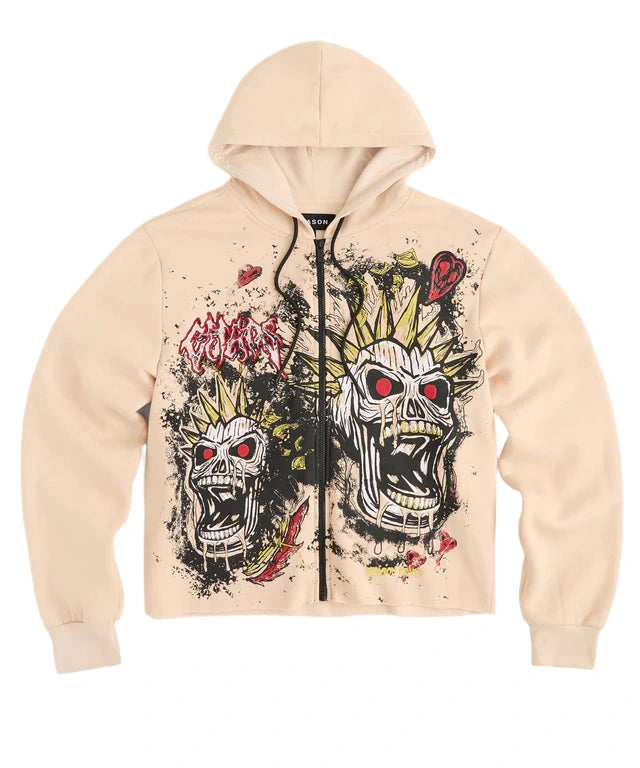 Khaki hoodie with embroidered skull graphic and custom front and back prints.