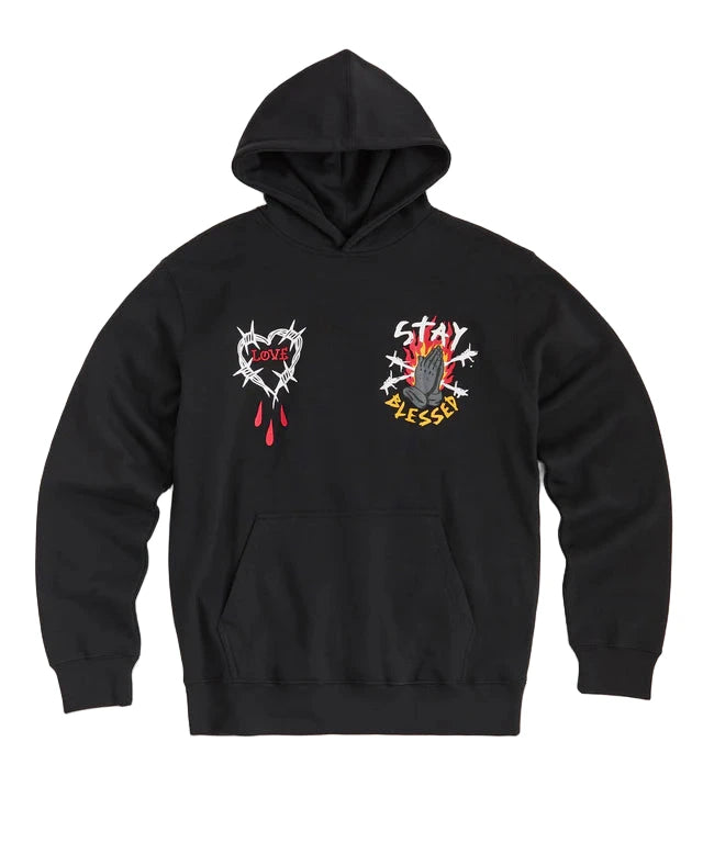 
Black Reason Clothing Saint Of The Streets Hoodie with front and back graphic prints and two pockets.