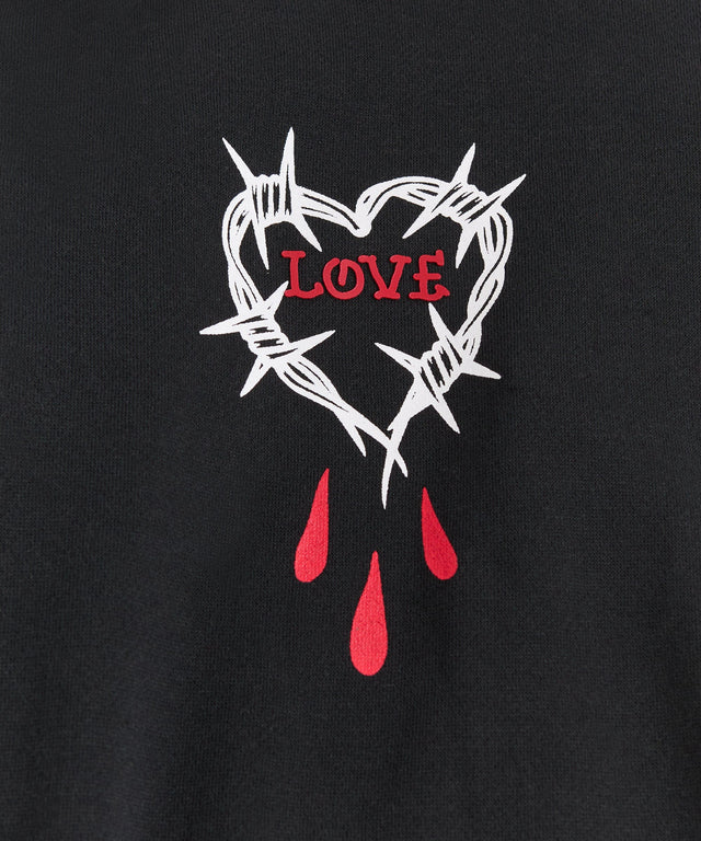 
Black Reason Clothing Saint Of The Streets Hoodie with front and back graphic prints and two pockets.