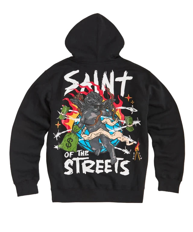 
Black Reason Clothing Saint Of The Streets Hoodie with front and back graphic prints and two pockets.