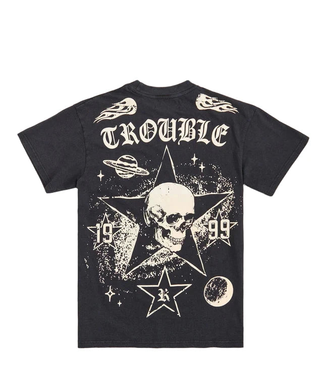 Black t-shirt with white graphic design featuring a skull and stars on a white background