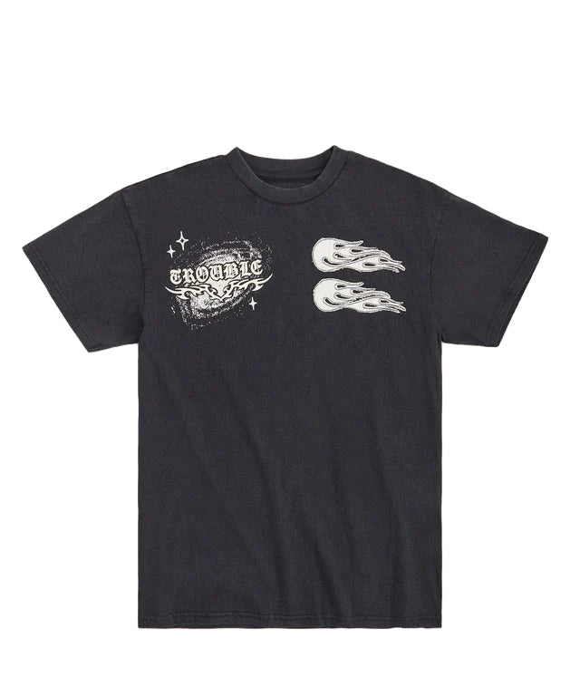 Black t-shirt with white graphic design on a white background