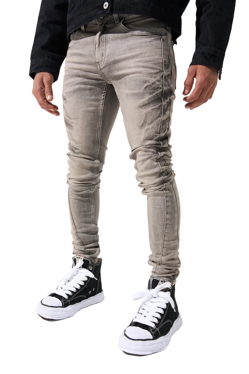 SERENEDE SANGROSE men's jeans in a vintage grey wash with rose pink accents, whiskering, side panels, and signature fitted denim construction.