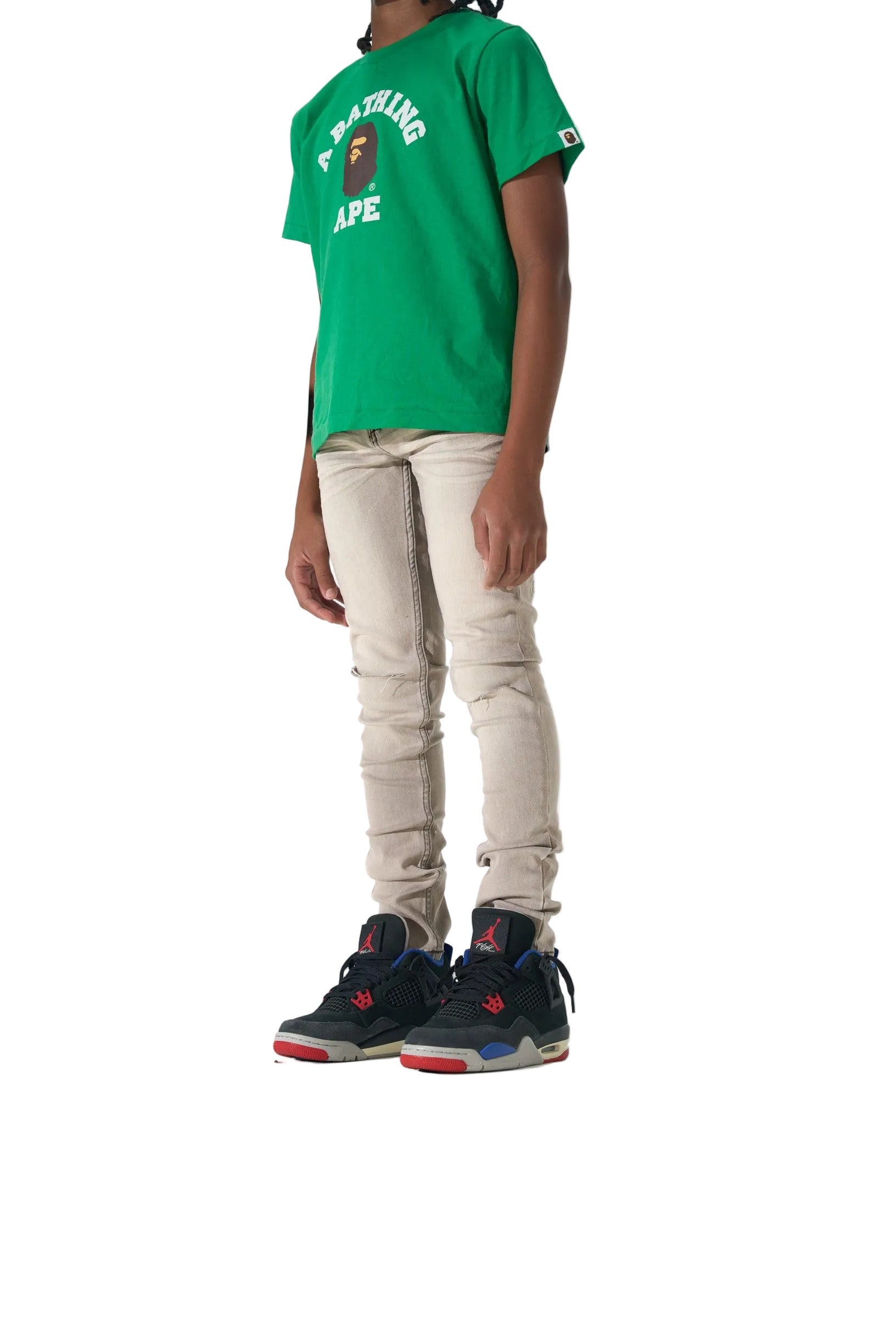SERENEDE Kids Marine Layer jeans in a desert sand wash with grey undertones, tonal distressing, and a slim-fit streetwear silhouette.