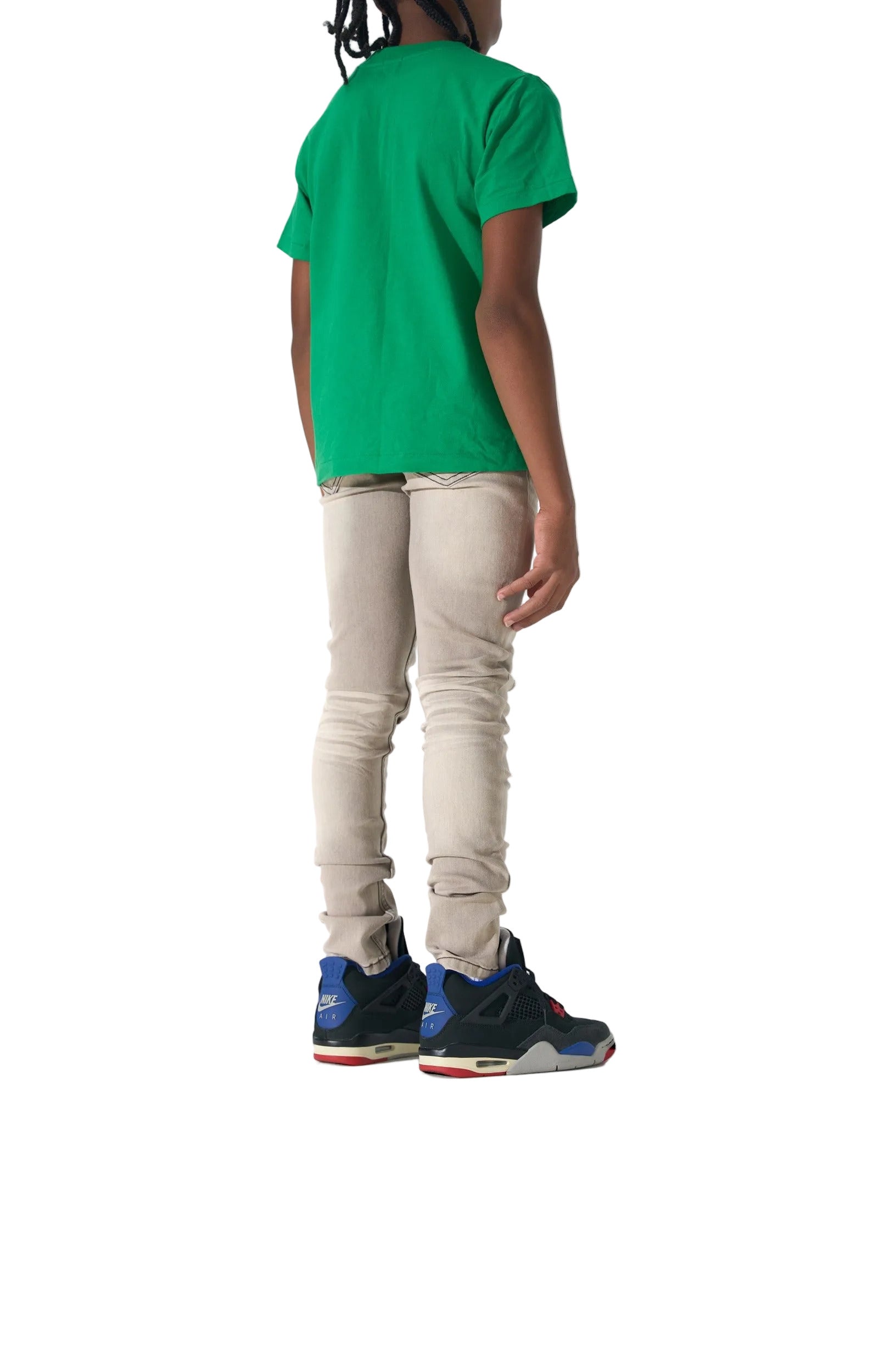 SERENEDE Kids Marine Layer jeans in a desert sand wash with grey undertones, tonal distressing, and a slim-fit streetwear silhouette.
