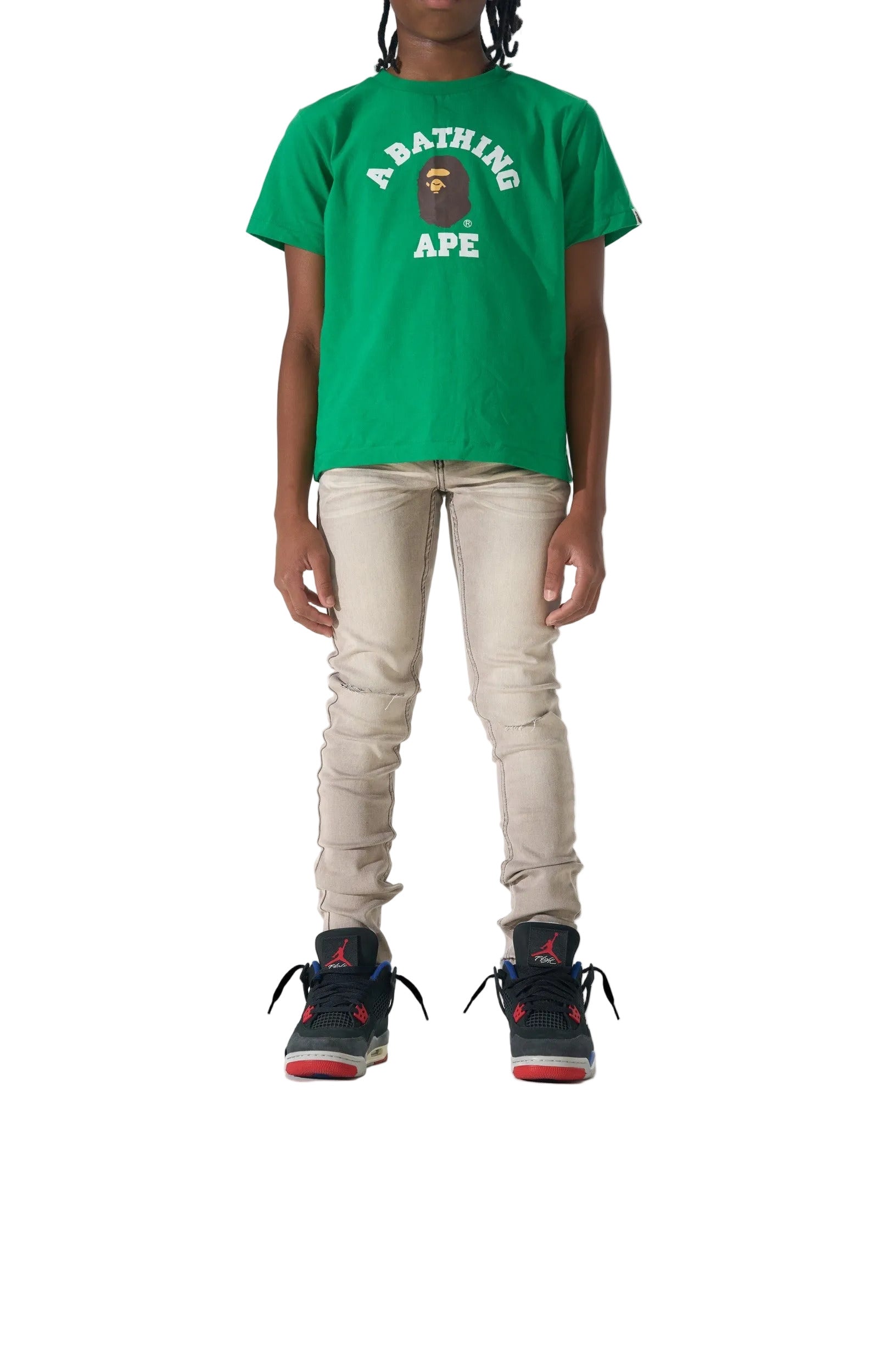 SERENEDE Kids Marine Layer jeans in a desert sand wash with grey undertones, tonal distressing, and a slim-fit streetwear silhouette.