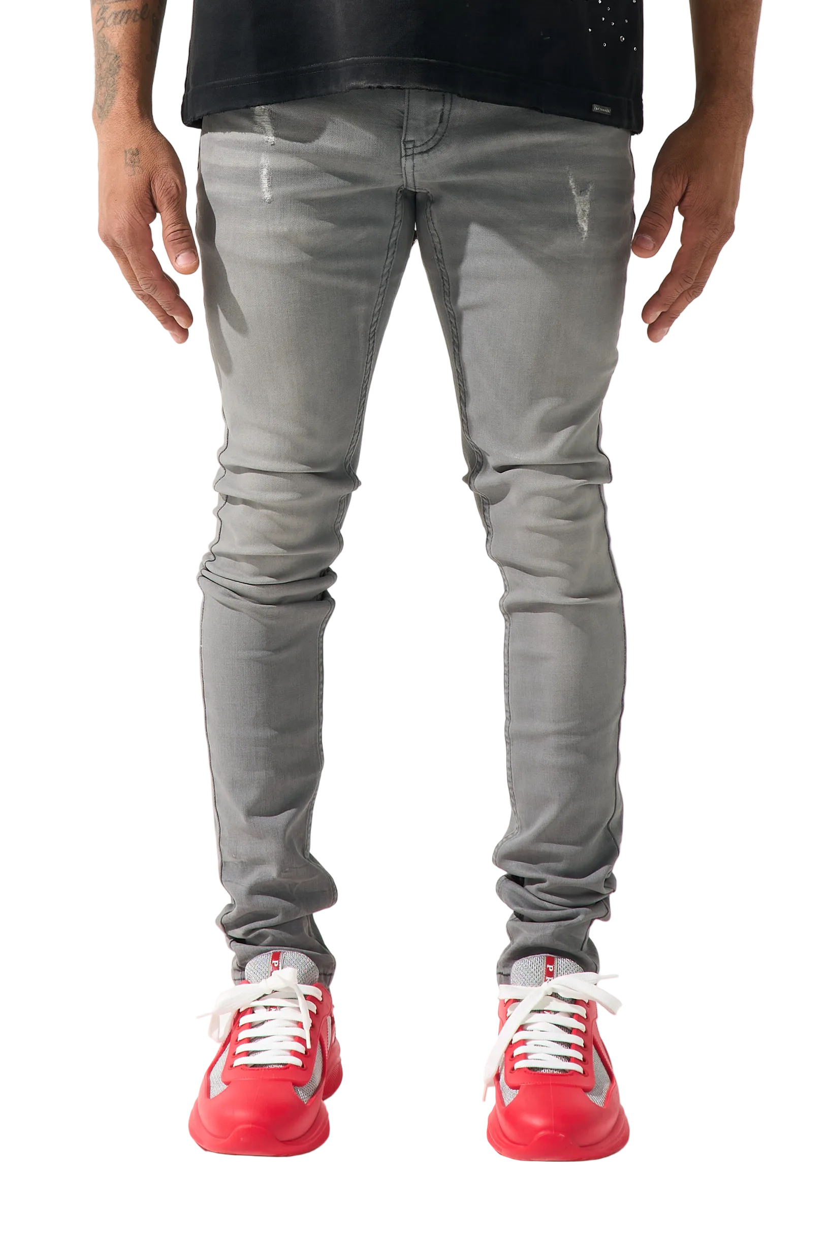 SERENEDE Beluga jeans in coated grey waxed denim with distressing, fitted construction, and premium streetwear detailing