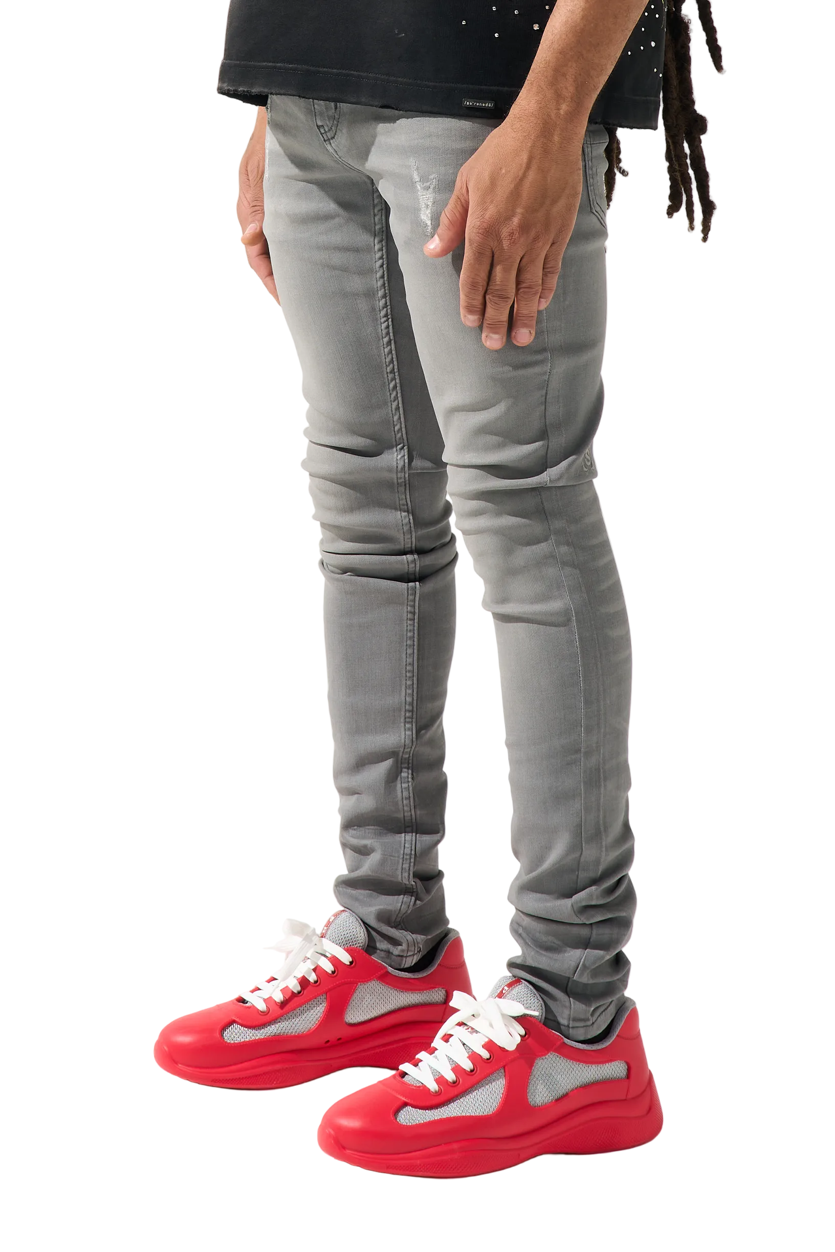 SERENEDE Beluga jeans in coated grey waxed denim with distressing, fitted construction, and premium streetwear detailing