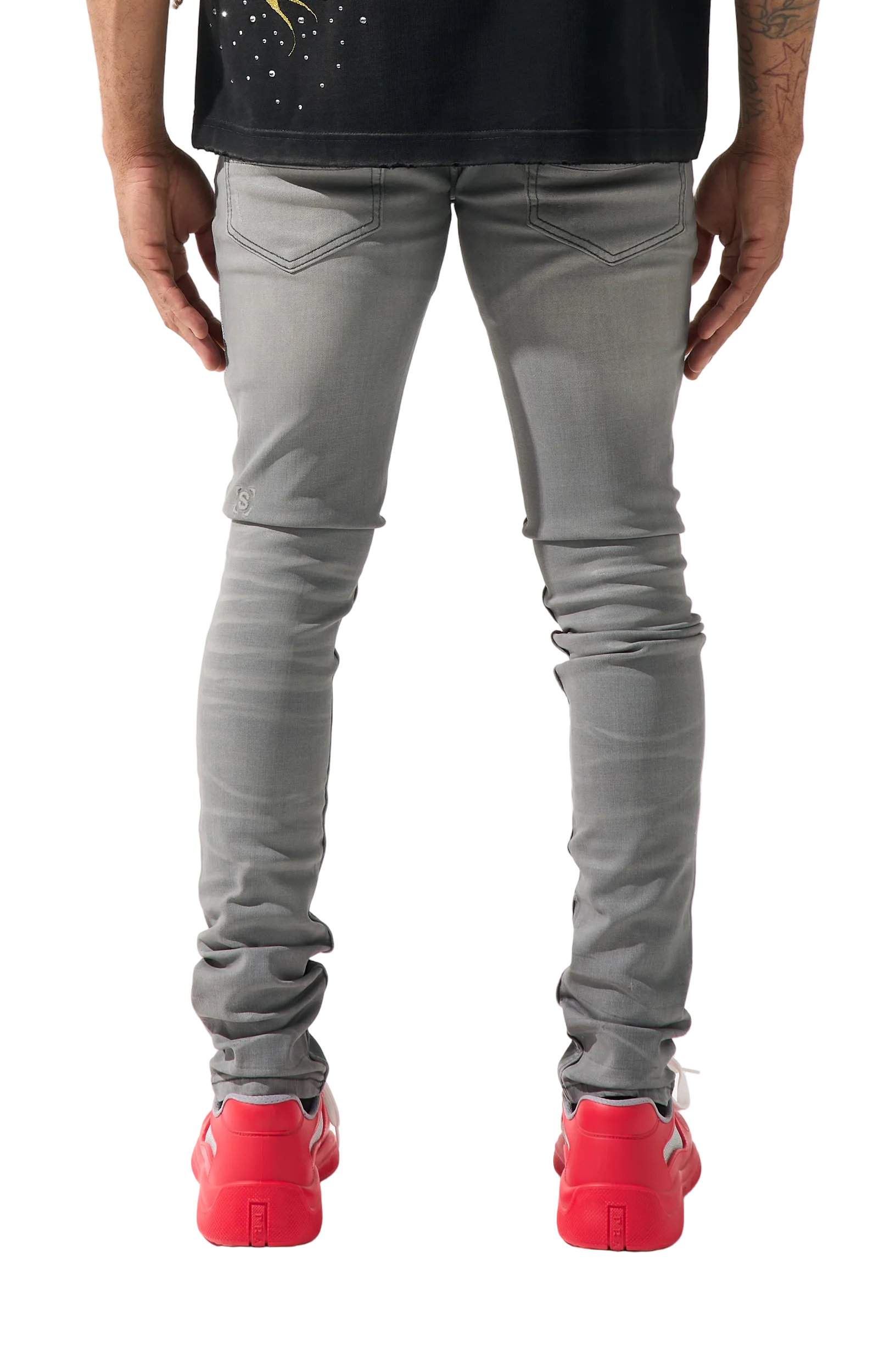 SERENEDE Beluga jeans in coated grey waxed denim with distressing, fitted construction, and premium streetwear detailing
