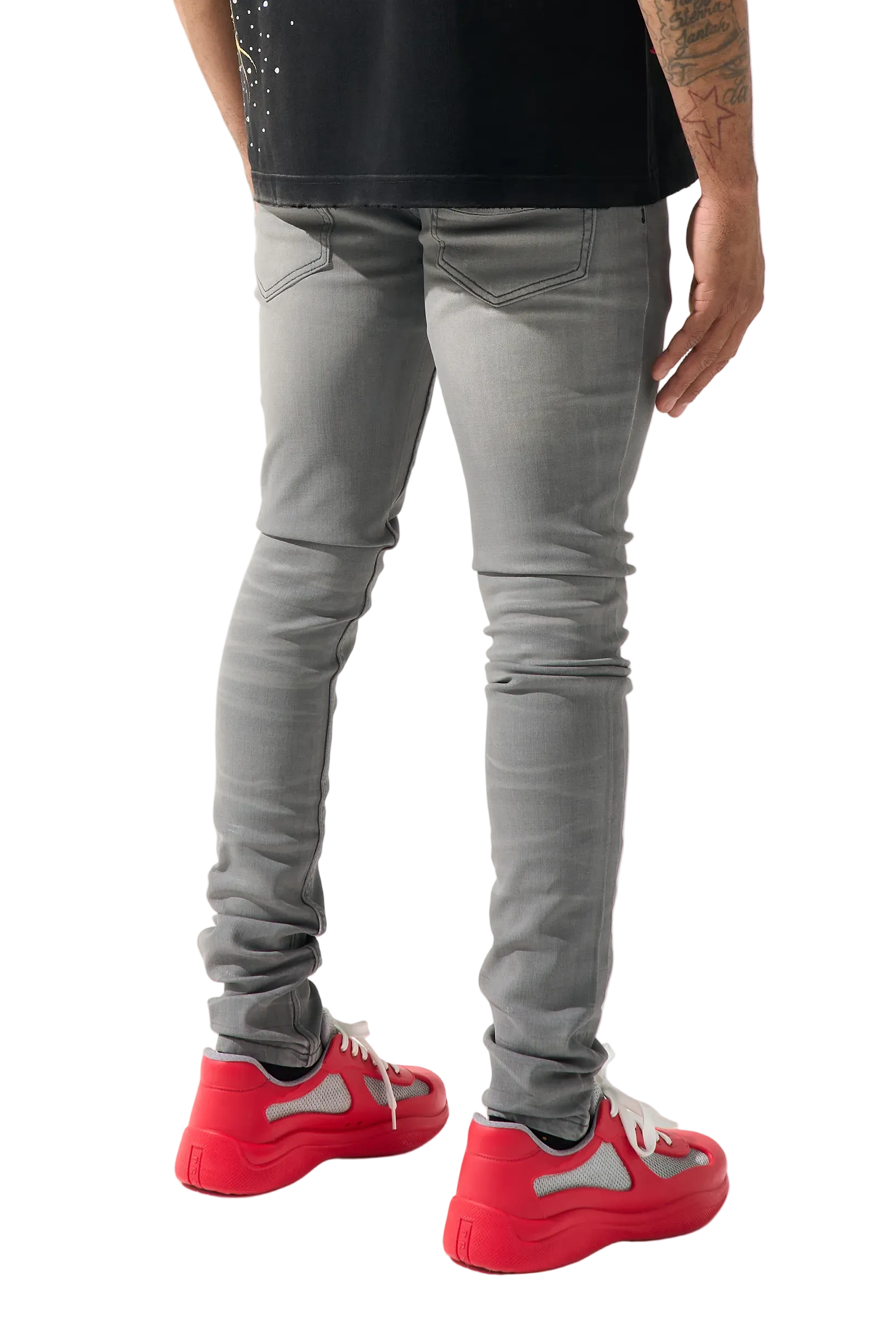 SERENEDE Beluga jeans in coated grey waxed denim with distressing, fitted construction, and premium streetwear detailing