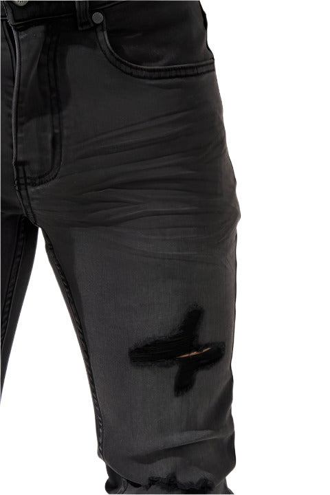 v"SERENEDE® SHADOW33 skinny jeans in charcoal wash with tonal distressing and tapered ankle design.