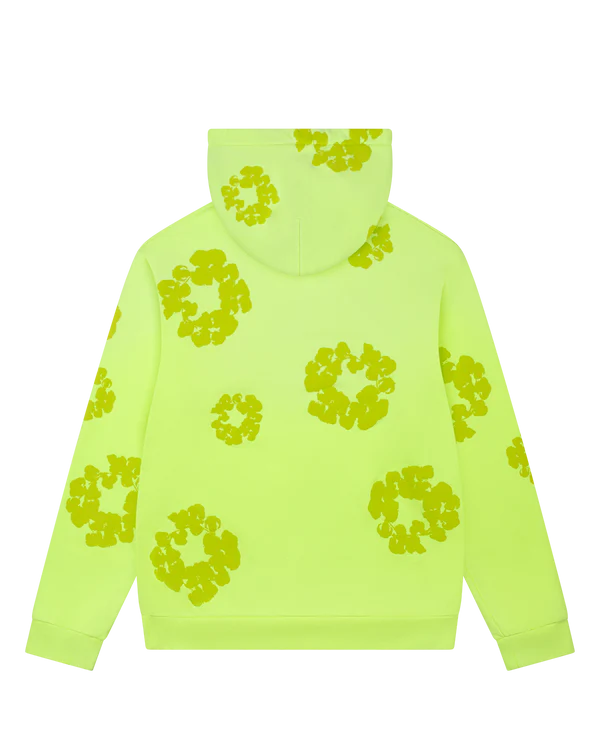 Denim Tears Mono Cotton Wreath Hoodie in neon green with sun-faded washed effect, regular fit, 100% cotton.